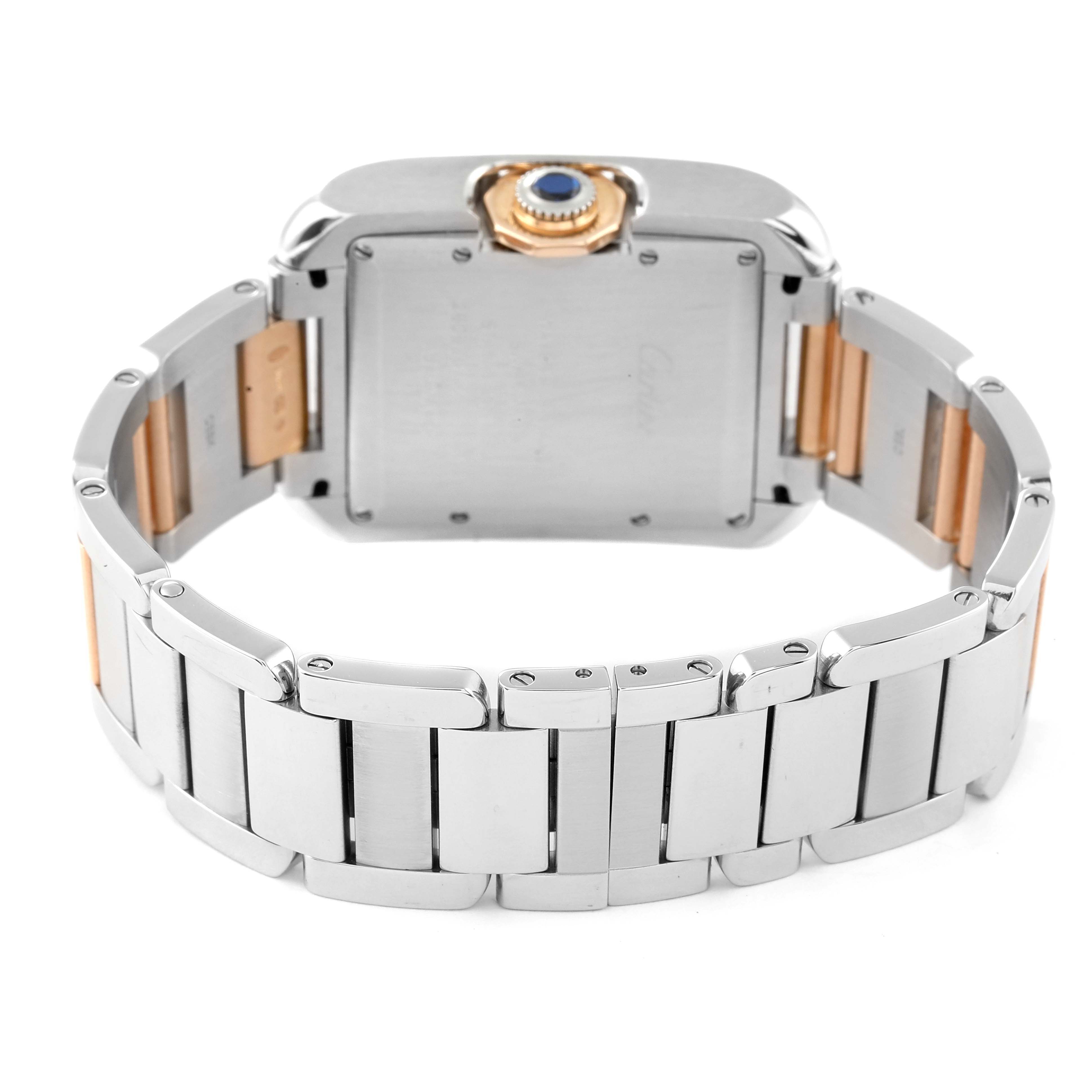 The image shows the back case and bracelet of a Cartier Tank Anglaise W5310007 Men's Steel and Gold (two tone) Silver Dial W5310007 Men's Steel and Gold (two tone) Silver Dial watch, highlighting the two-tone metal design and crown.