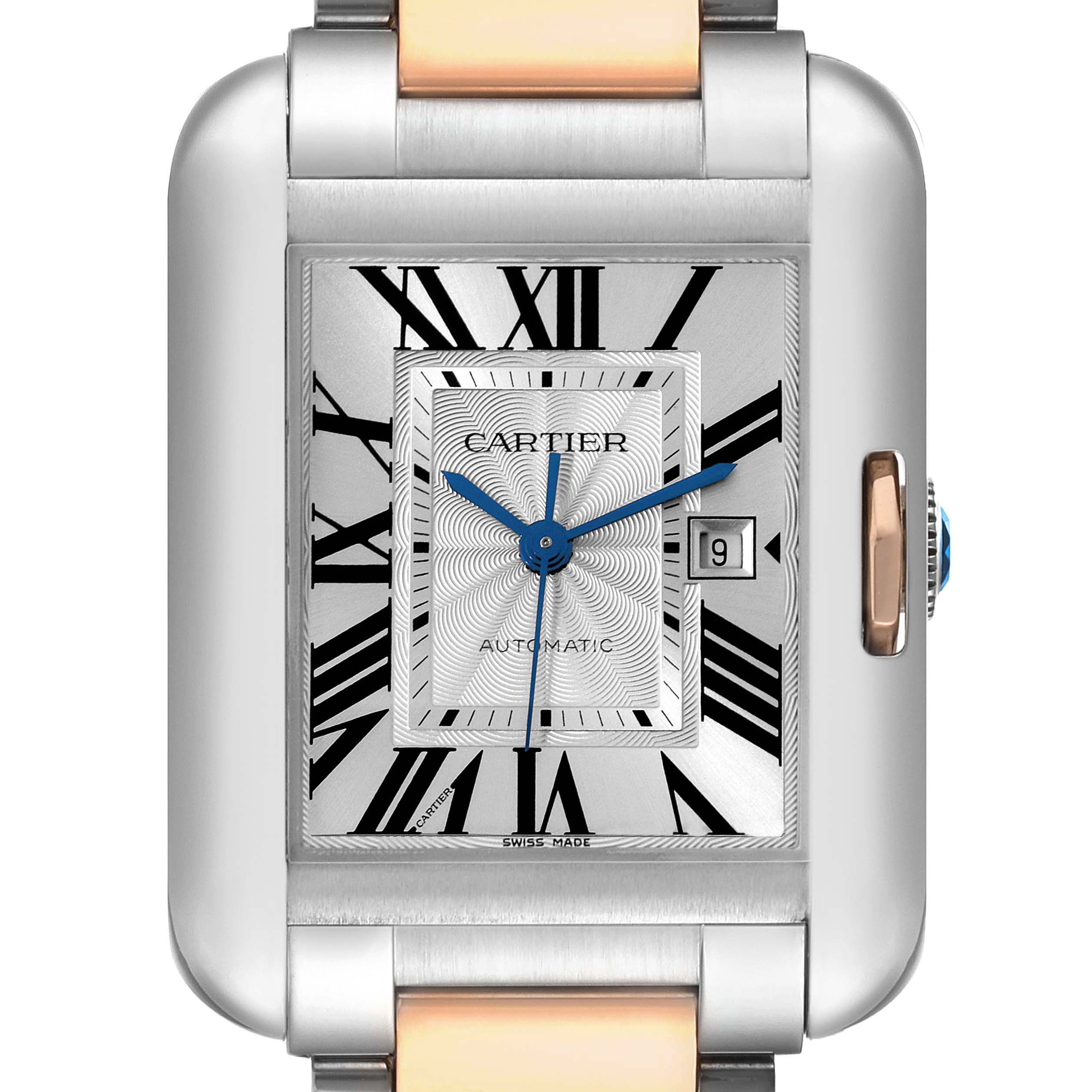 This image shows a close-up front view of the face of a Cartier Tank Anglaise W5310007 Men's Steel and Gold (two tone) Silver Dial W5310007 Men's Steel and Gold (two tone) Silver Dial watch, highlighting the dial and Roman numerals.