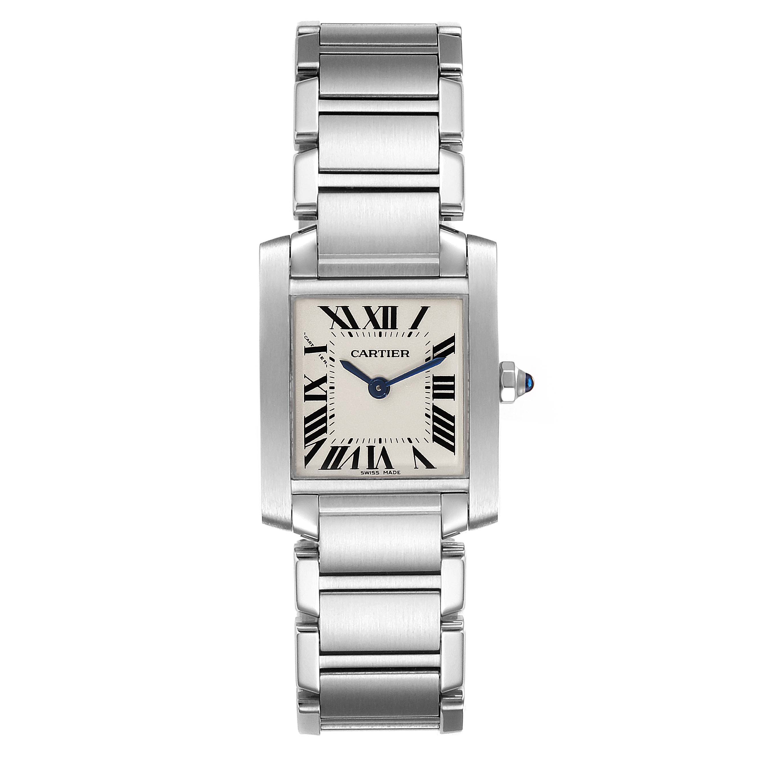 The Cartier Tank Francaise W51008Q3 Women's Stainless Steel Silver Dial W51008Q3 Women's Stainless Steel Silver Dial watch is shown from a top-down angle, displaying the full face and stainless steel bracelet.