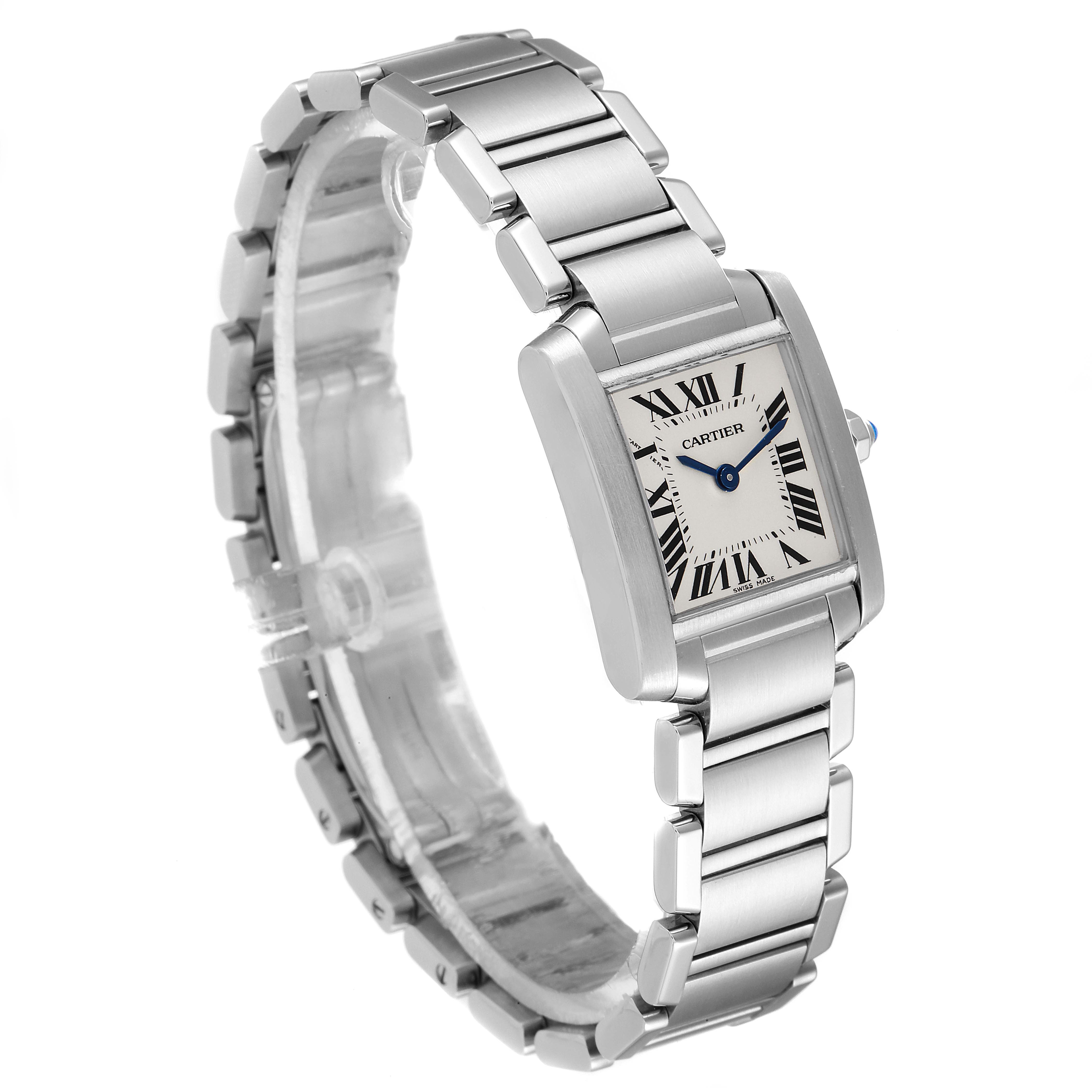 This image shows a Cartier Tank Francaise W51008Q3 Women's Stainless Steel Silver Dial W51008Q3 Women's Stainless Steel Silver Dial watch from a side angle, highlighting its bracelet and rectangular face.