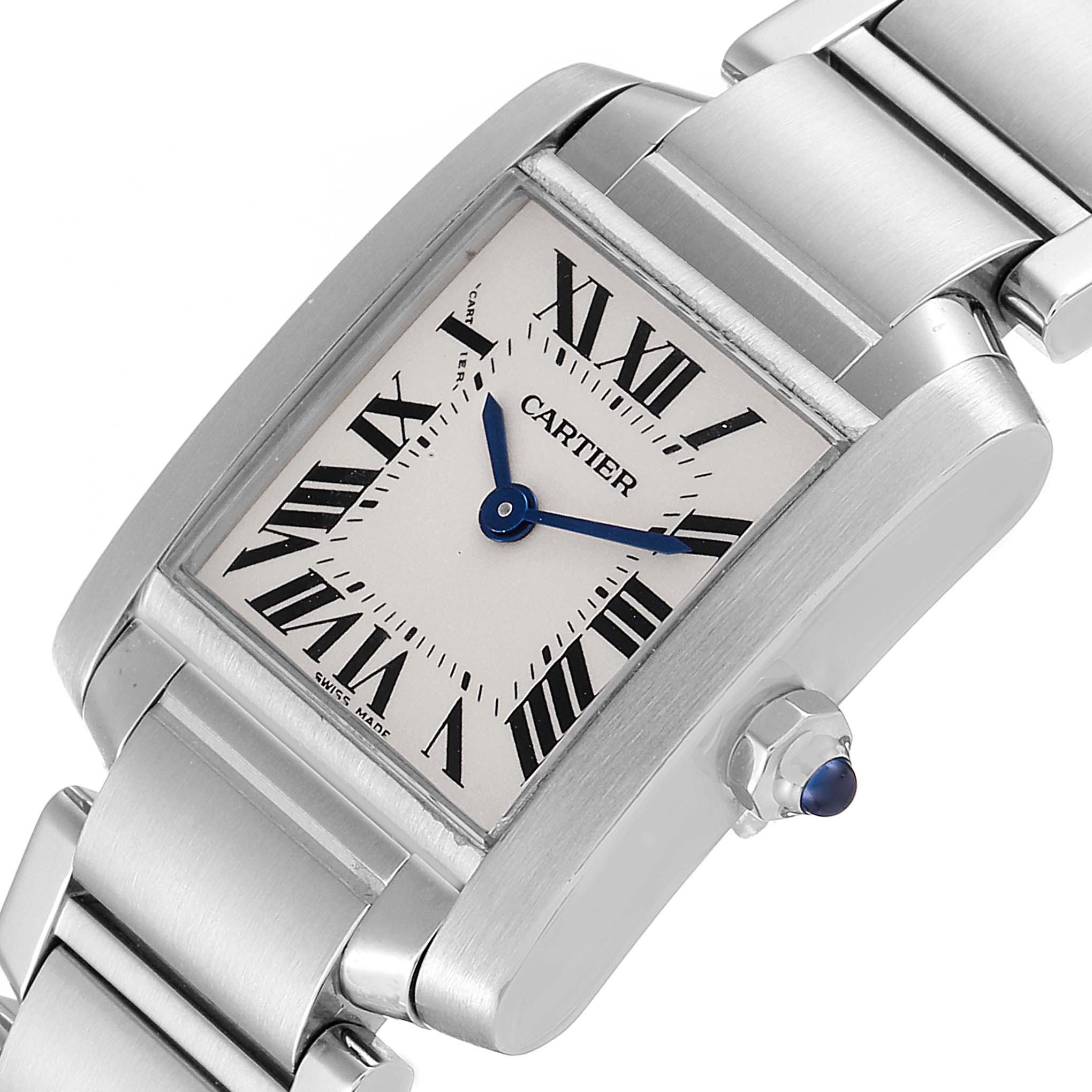 The image shows a close-up, angled view of the face and part of the band of a Cartier Tank Francaise W51008Q3 Women's Stainless Steel Silver Dial W51008Q3 Women's Stainless Steel Silver Dial watch.