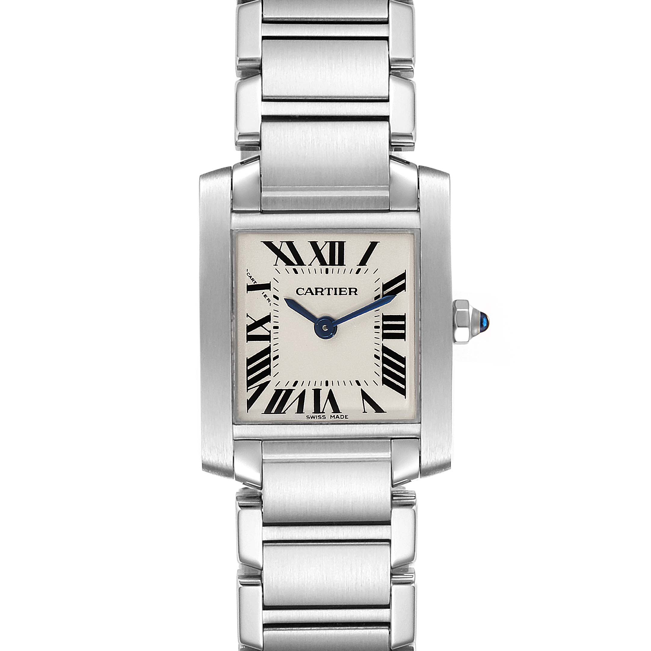 This image shows a front view of the Cartier Tank Francaise W51008Q3 Women's Stainless Steel Silver Dial W51008Q3 Women's Stainless Steel Silver Dial watch, highlighting the dial, bracelet, and crown.