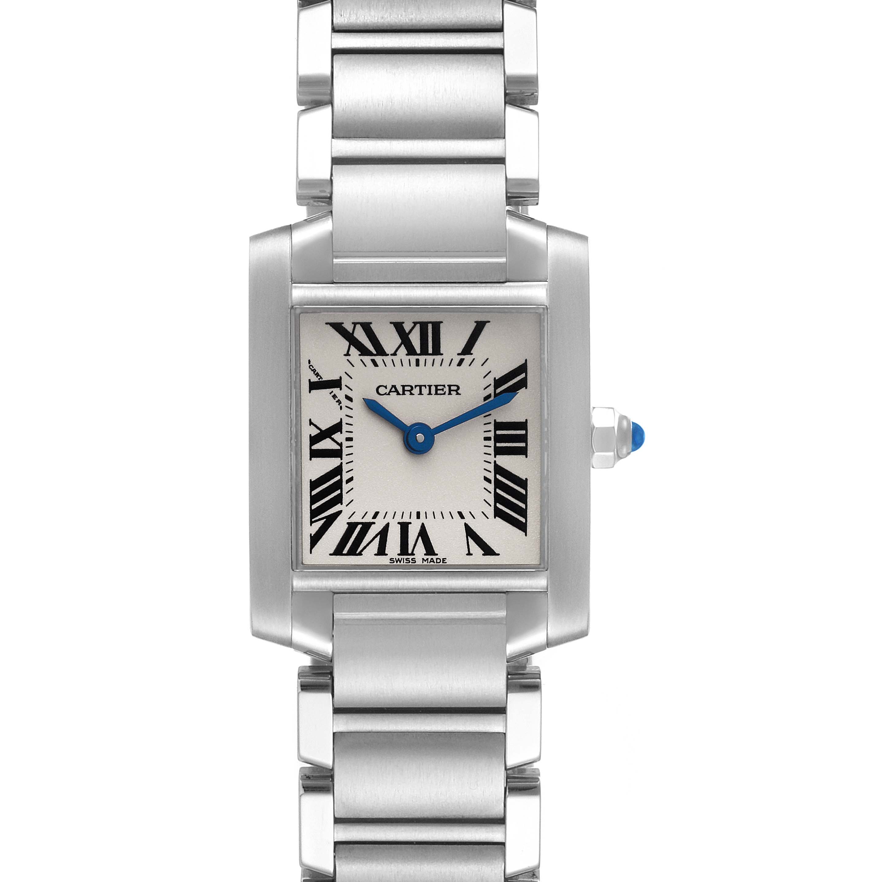This Cartier Tank Francaise W51008Q3 Women
s Stainless Steel Silver Dial W51008Q3 Women
s Stainless Steel Silver Dial model watch is shown from the front, displaying the face, bezel, and stainless steel bracelet.