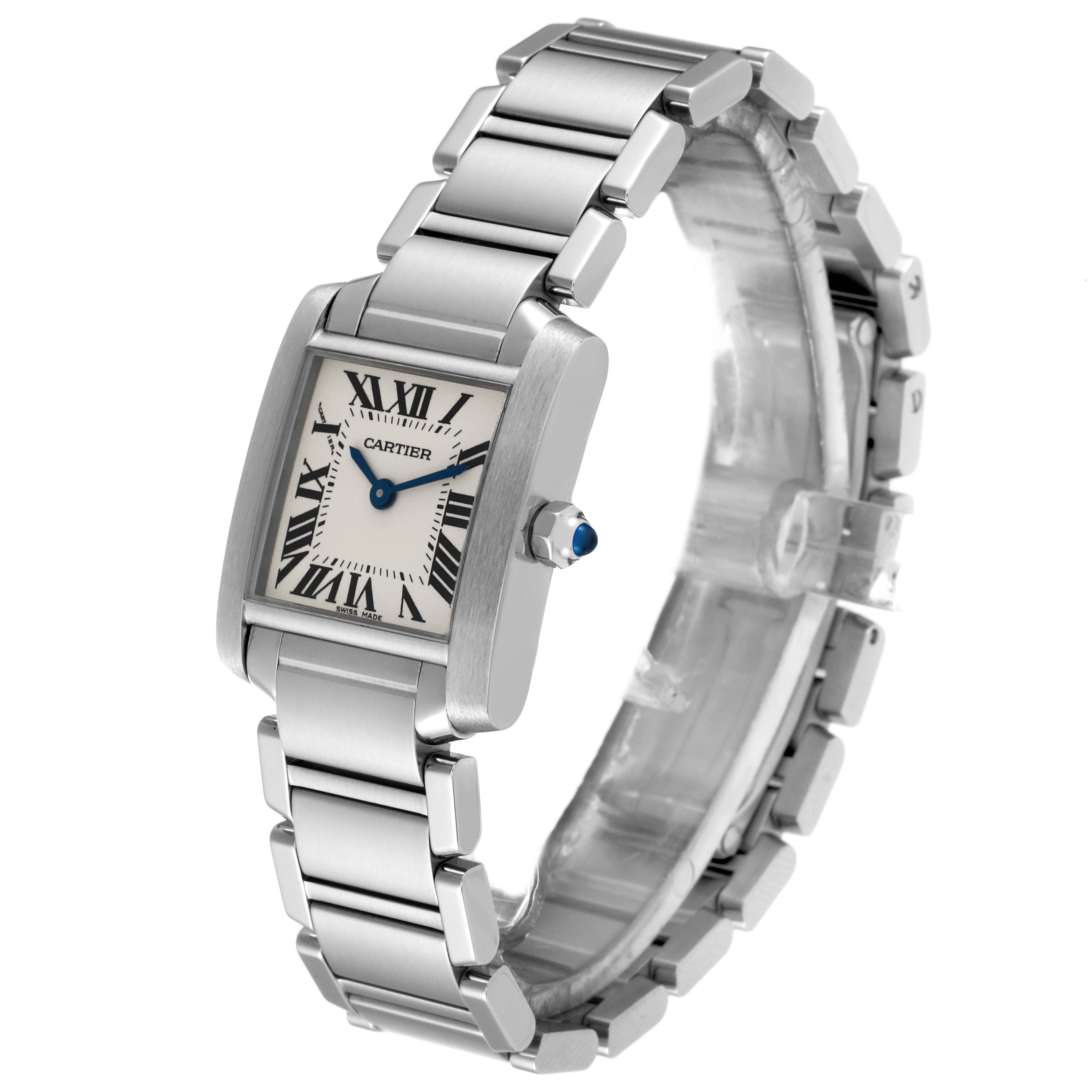This image shows a Cartier Tank Française watch at a three-quarter angle, highlighting the face, bezel, crown, and metal bracelet.