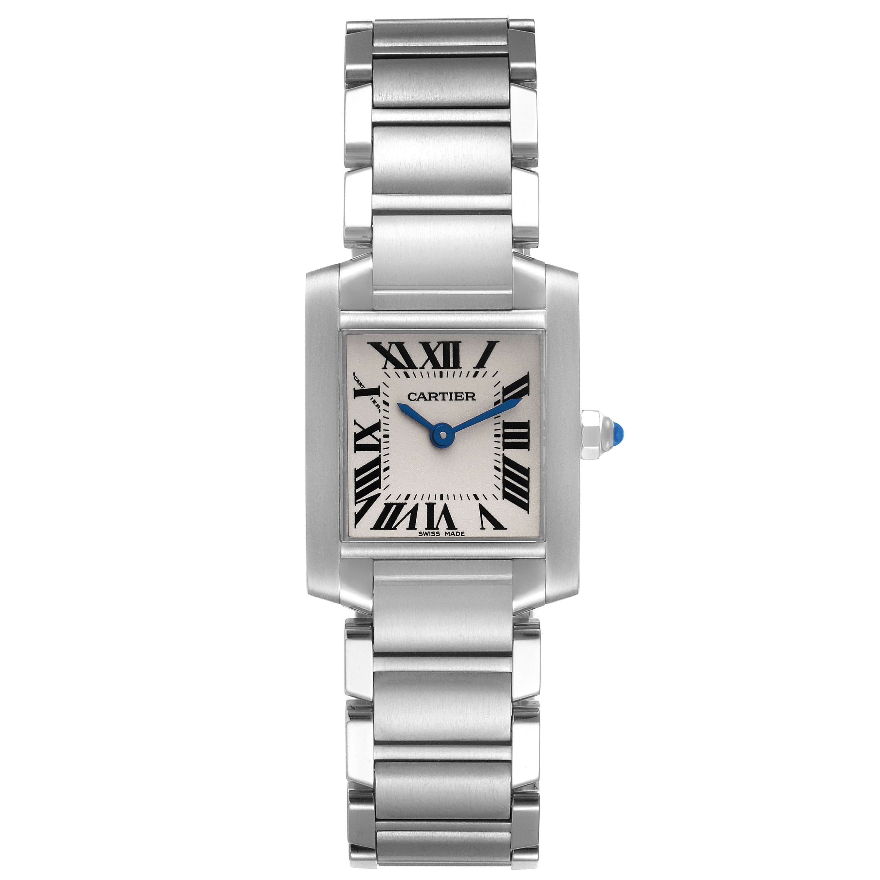 This Tank Française Cartier watch is shown from a top-down angle displaying its face, bracelet, and crown.