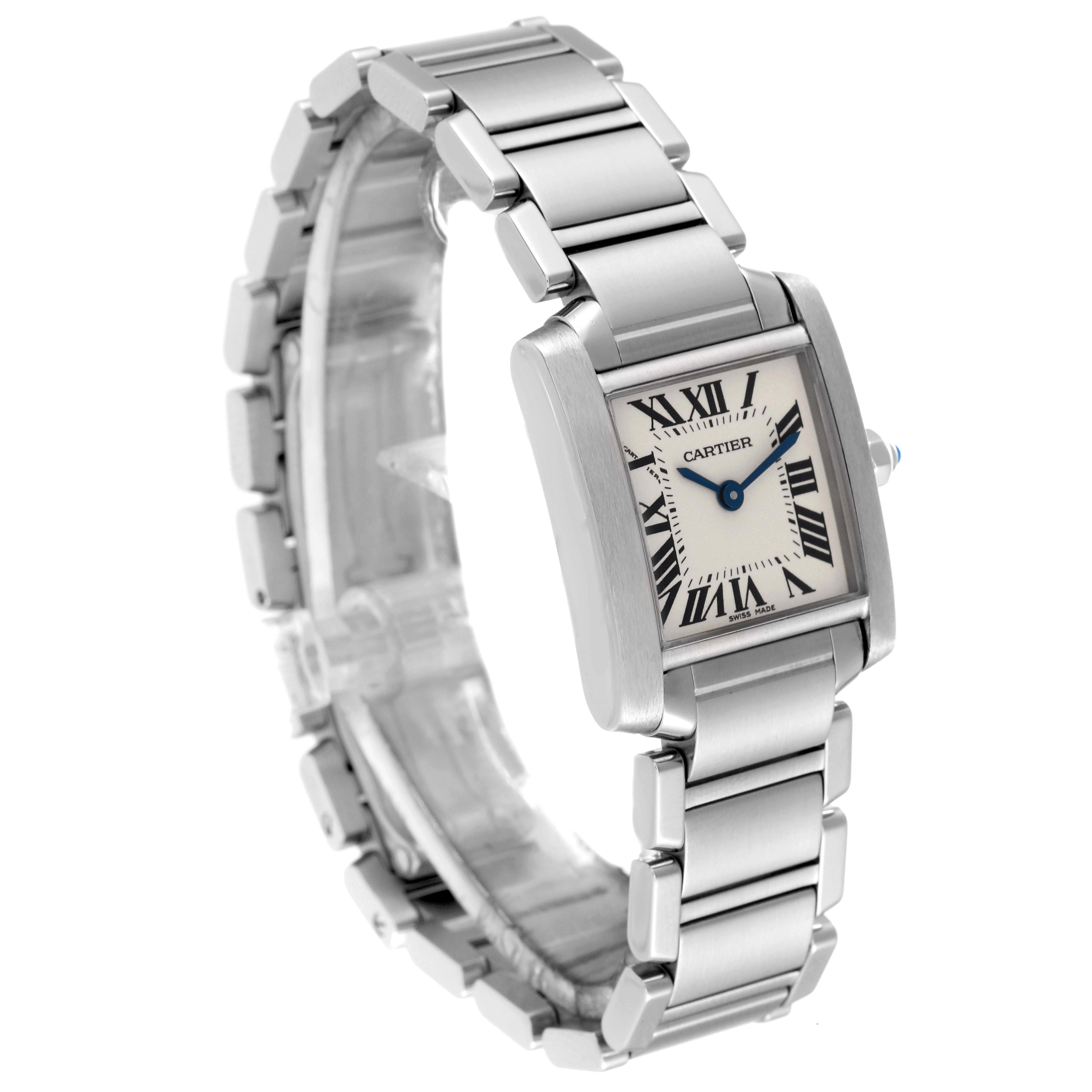 The Cartier Tank Francaise W51008Q3 Women
s Stainless Steel Silver Dial W51008Q3 Women
s Stainless Steel Silver Dial watch is shown at a three-quarter angle, highlighting its face, bracelet, and crown.
