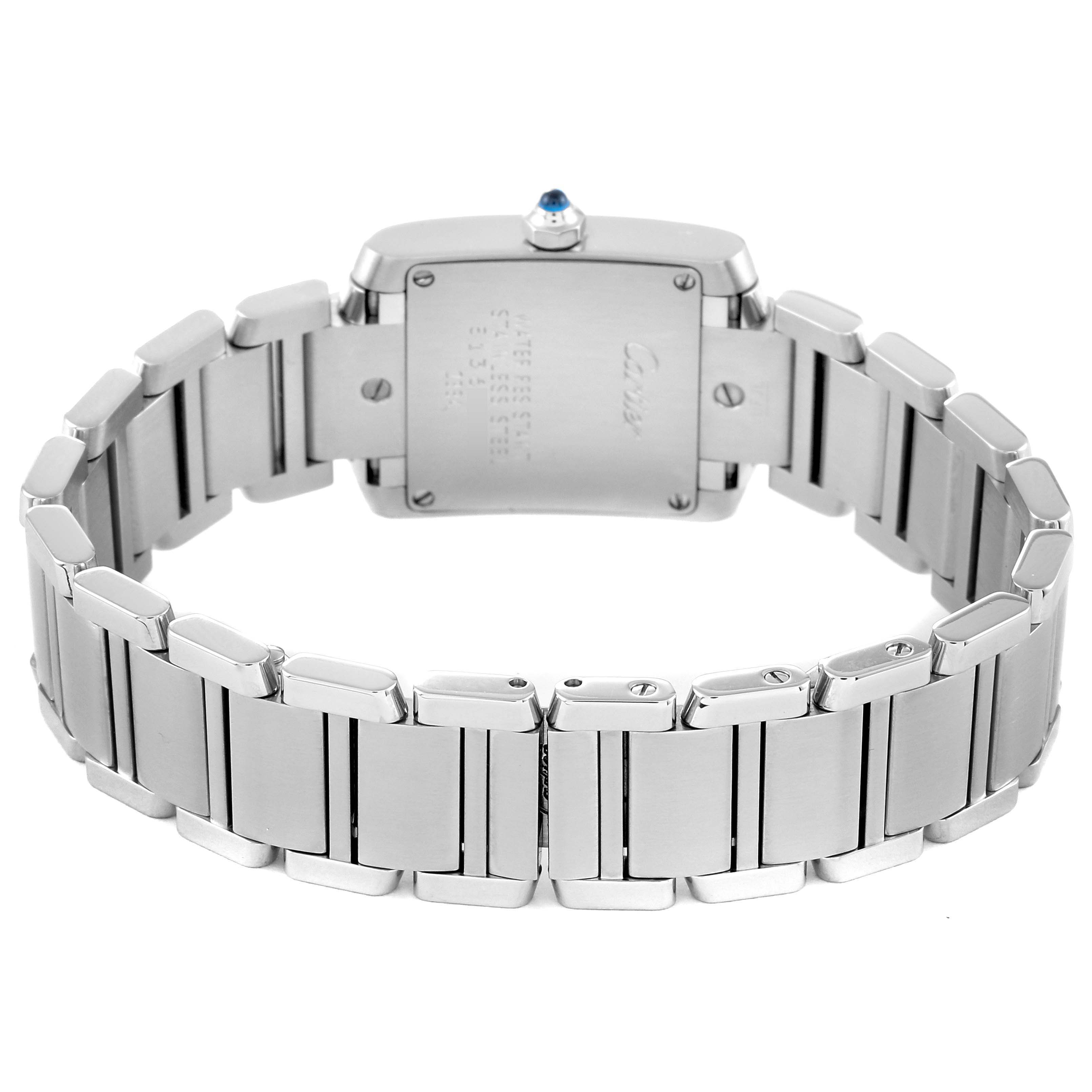 This image shows the back view of the Cartier Tank Francaise W51008Q3 Women
s Stainless Steel Silver Dial W51008Q3 Women
s Stainless Steel Silver Dial watch, featuring its bracelet and case back.