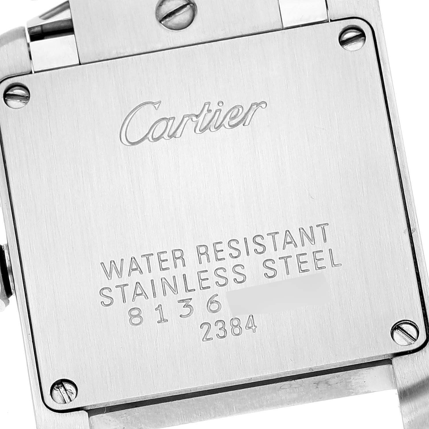 This image shows the back case of a Cartier Tank Francaise W51008Q3 Women
s Stainless Steel Silver Dial W51008Q3 Women
s Stainless Steel Silver Dial watch, highlighting its water resistance and stainless steel features.