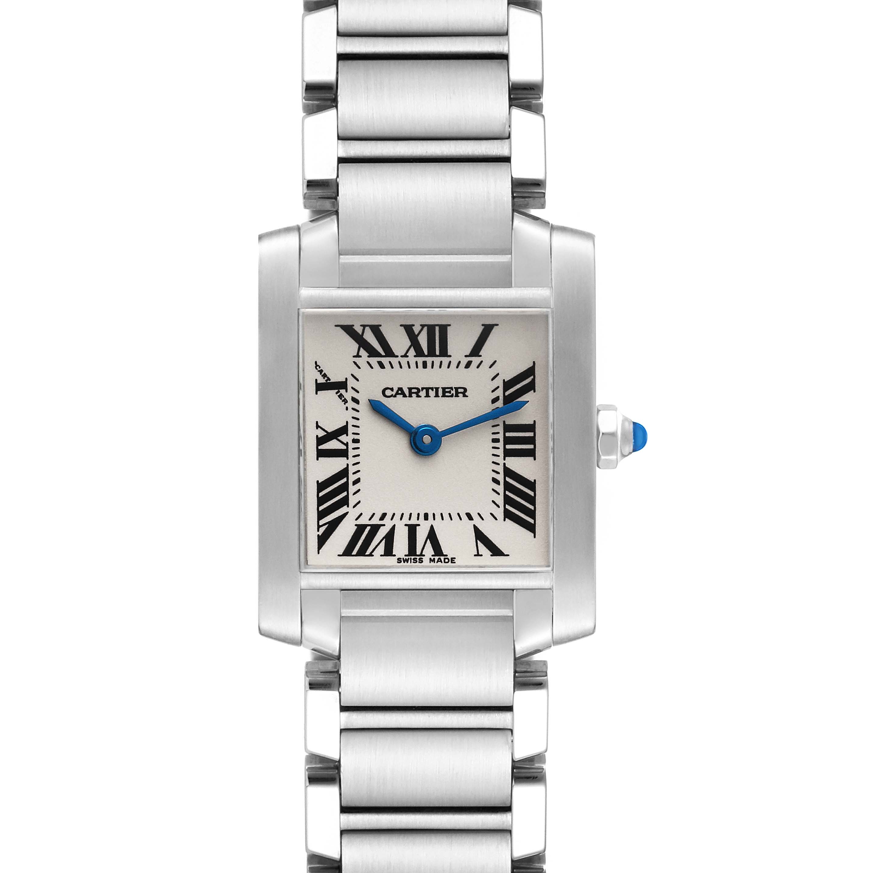 The image shows a front view of the Cartier Tank Française watch, highlighting the face, roman numerals, and stainless steel bracelet.