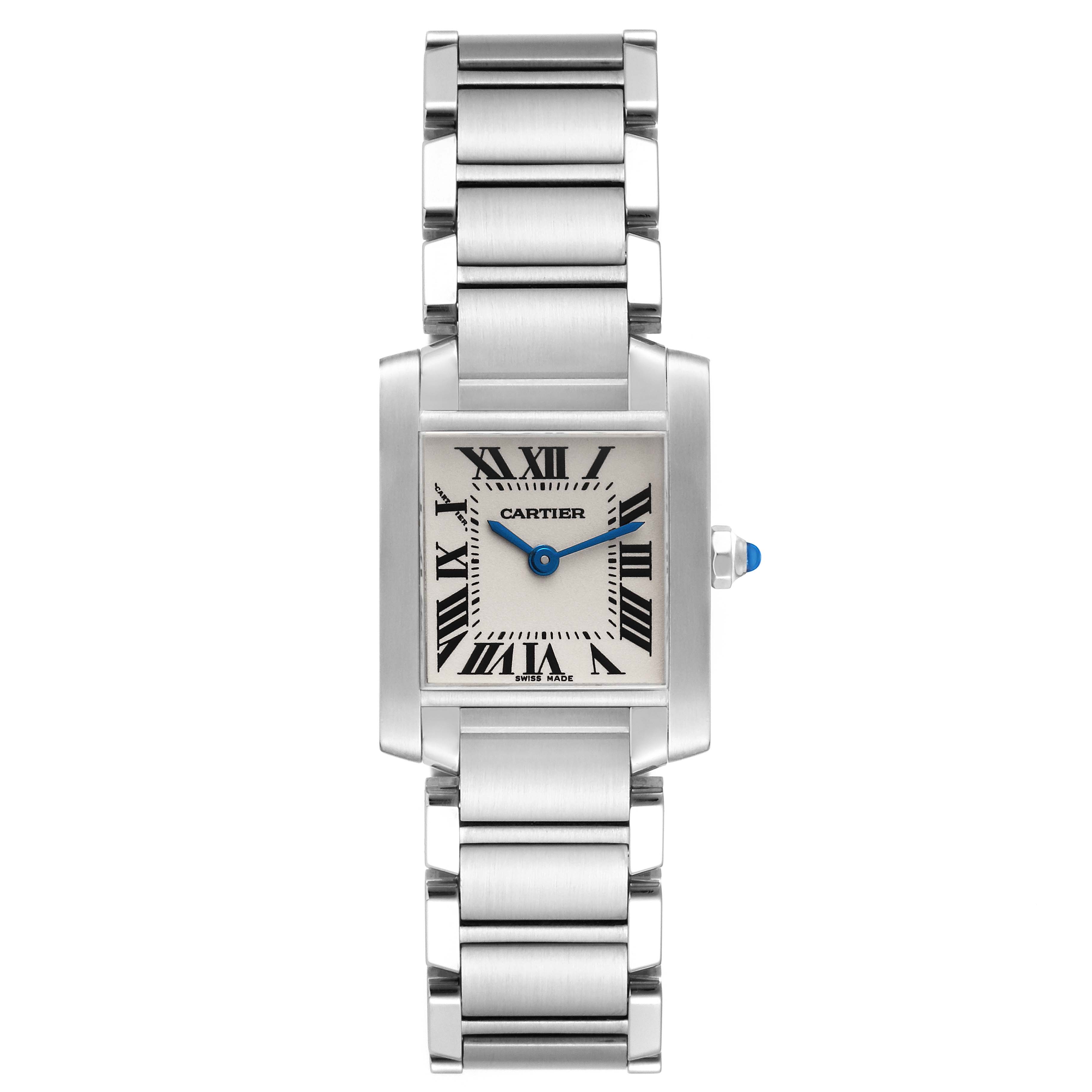 The image shows a front view of the Cartier Tank Francaise W51008Q3 Women
s Stainless Steel Silver Dial W51008Q3 Women
s Stainless Steel Silver Dial watch, highlighting its stainless steel bracelet, silver dial, and blue hands.