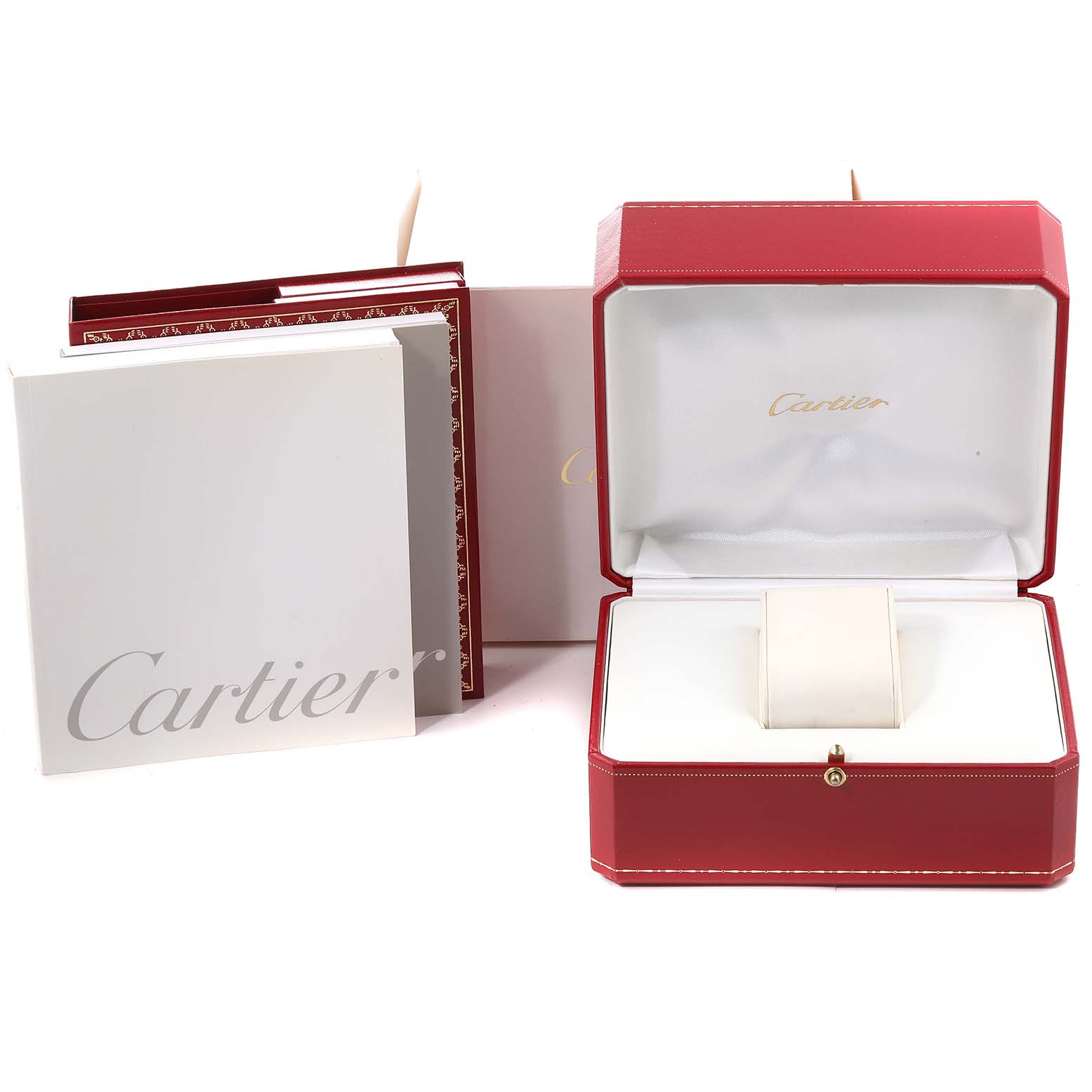 The image shows the packaging and presentation box for a Cartier Tank Francaise W51008Q3 Women
s Stainless Steel Silver Dial W51008Q3 Women
s Stainless Steel Silver Dial watch, including booklets and a red watch box.