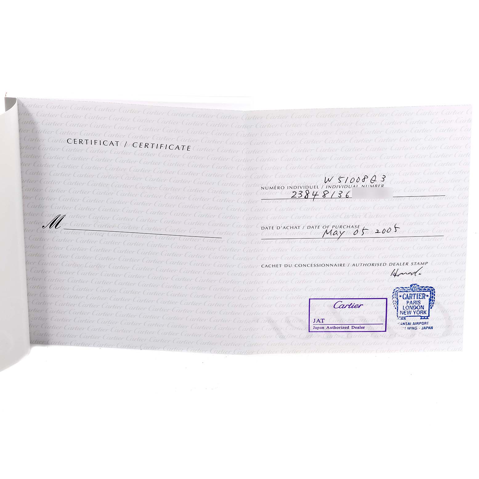 This image shows the certificate of Best Quality
ity for a Tank Francaise model by Cartier, with purchase details and dealer stamp visible.