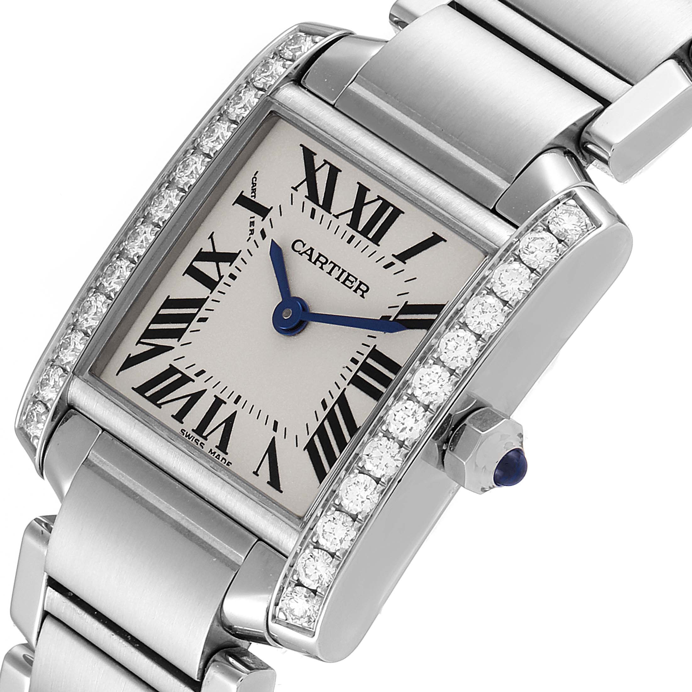 This image shows a close-up angle of the Cartier Tank Francaise W4TA0008 Women
s Stainless Steel Silver Dial W4TA0008 Women
s Stainless Steel Silver Dial watch, emphasizing the face, bezel, and part of the bracelet.