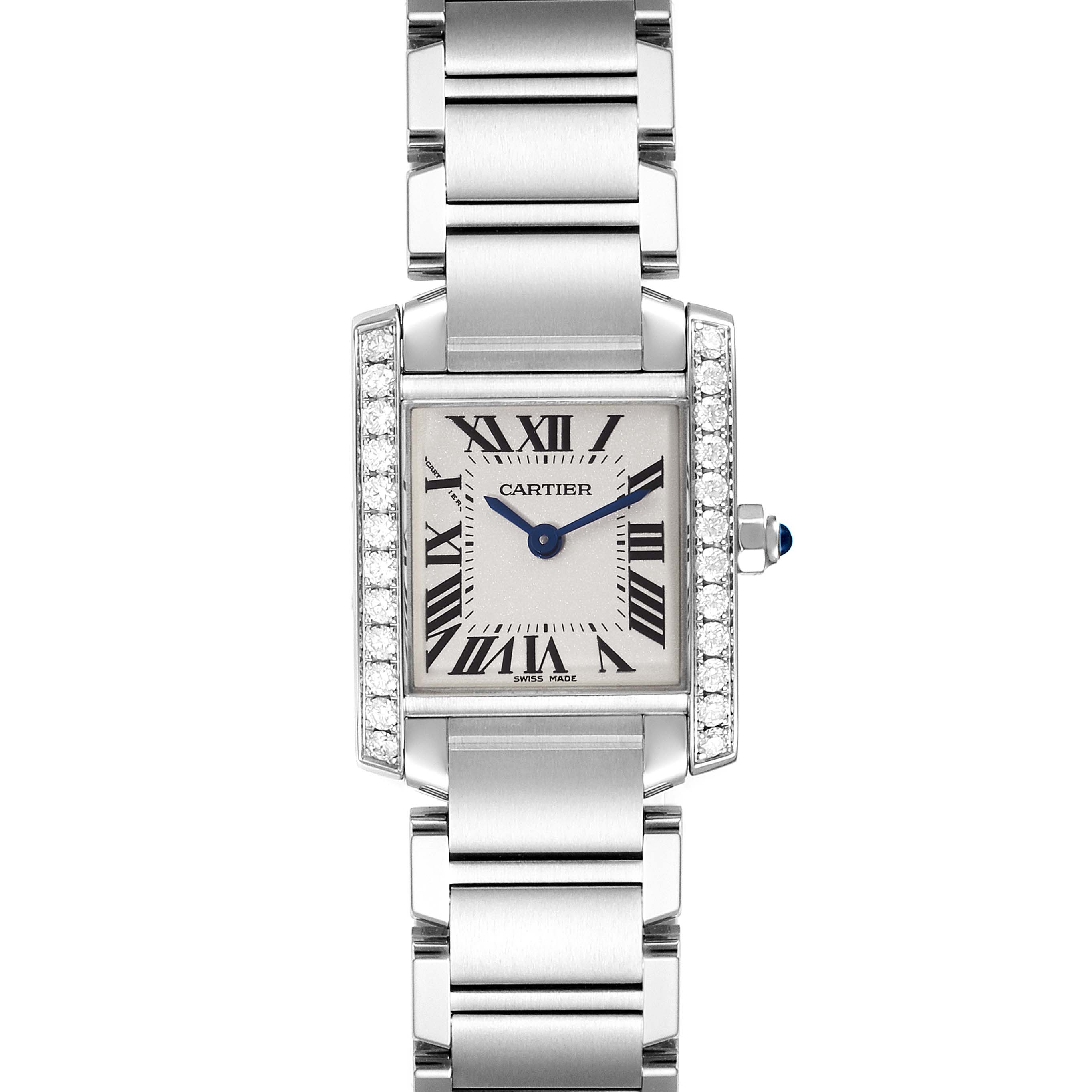 This image shows a frontal view of the Cartier Tank Francaise W4TA0008 Women
s Stainless Steel Silver Dial W4TA0008 Women
s Stainless Steel Silver Dial watch, highlighting its bezel, dial, and bracelet.