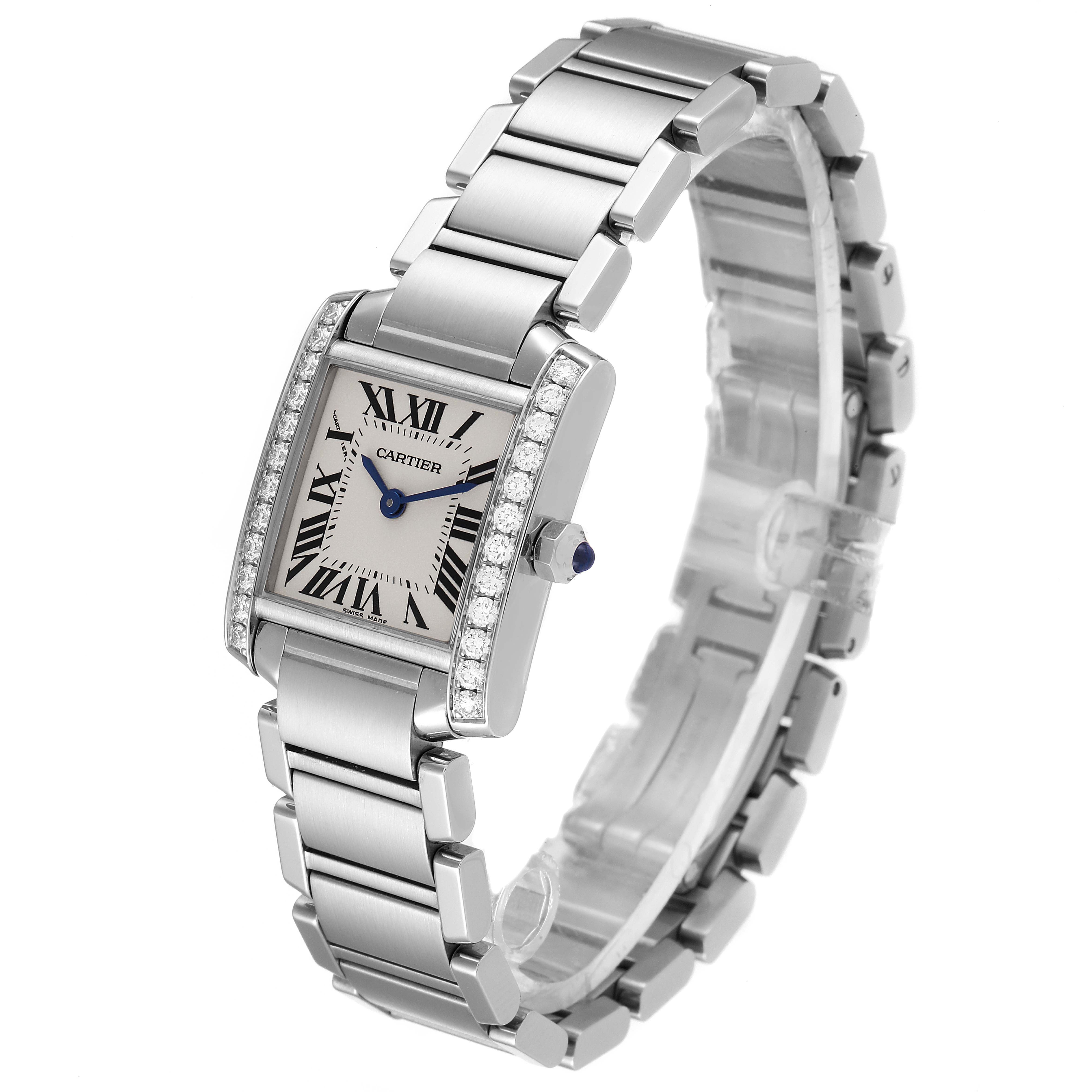 The Cartier Tank Francaise W4TA0008 Women
s Stainless Steel Silver Dial W4TA0008 Women
s Stainless Steel Silver Dial watch is shown at a three-quarter view displaying the face, bracelet, and bezel.