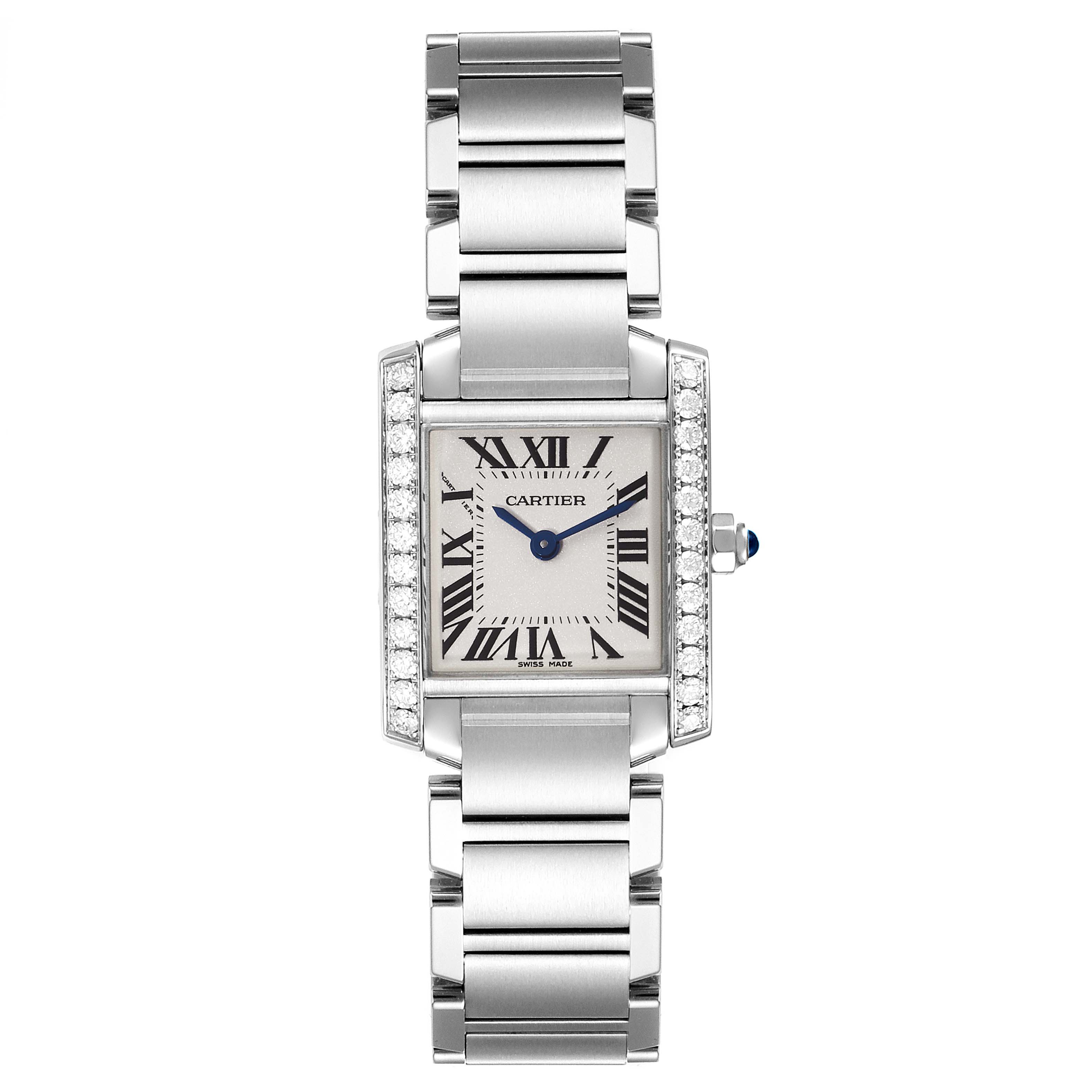 The image shows a front view of the Cartier Tank Française watch, displaying the face, bracelet, and diamond-set case.
