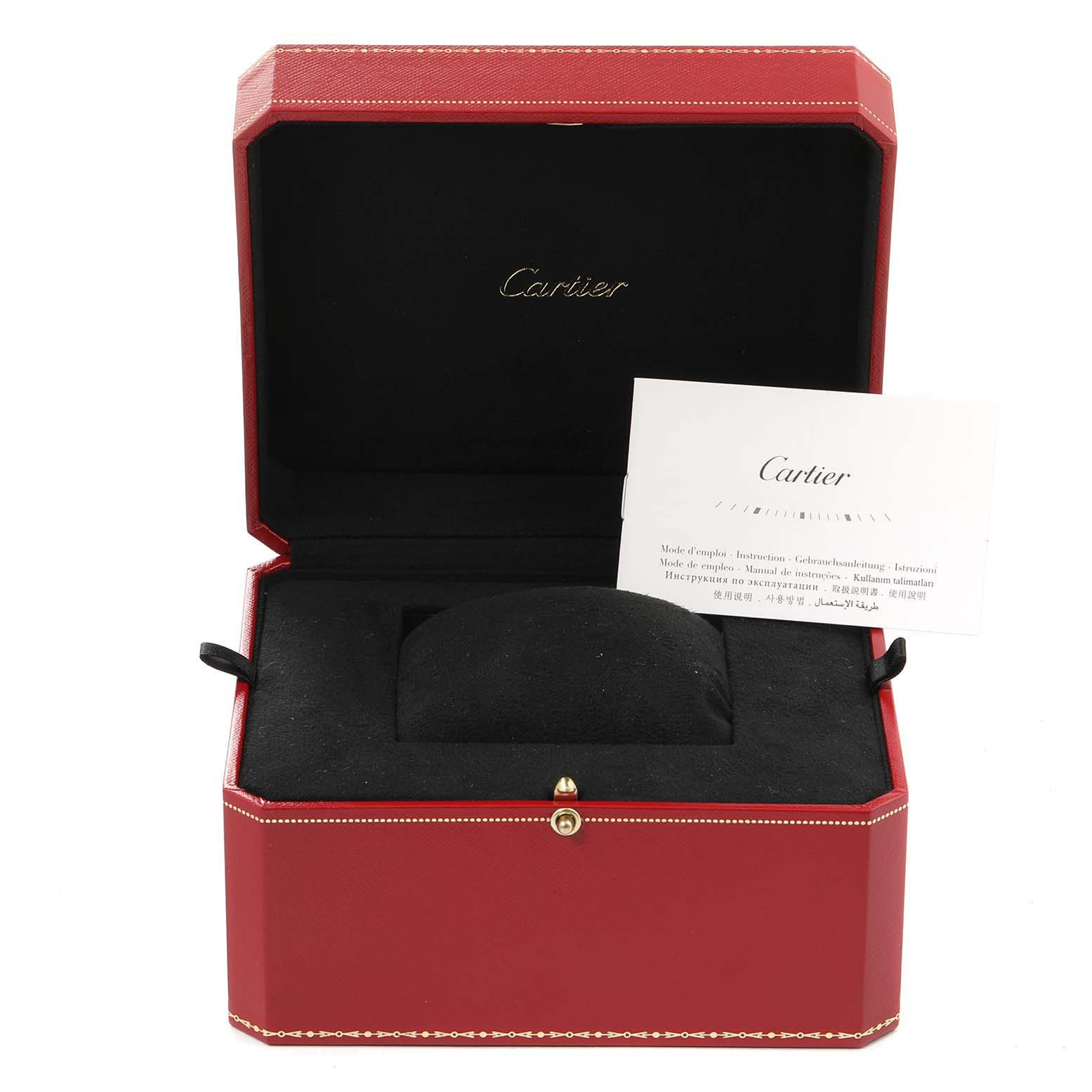 The image shows a Cartier Tank Française watch box and documentation, with the lid open to reveal the interior.