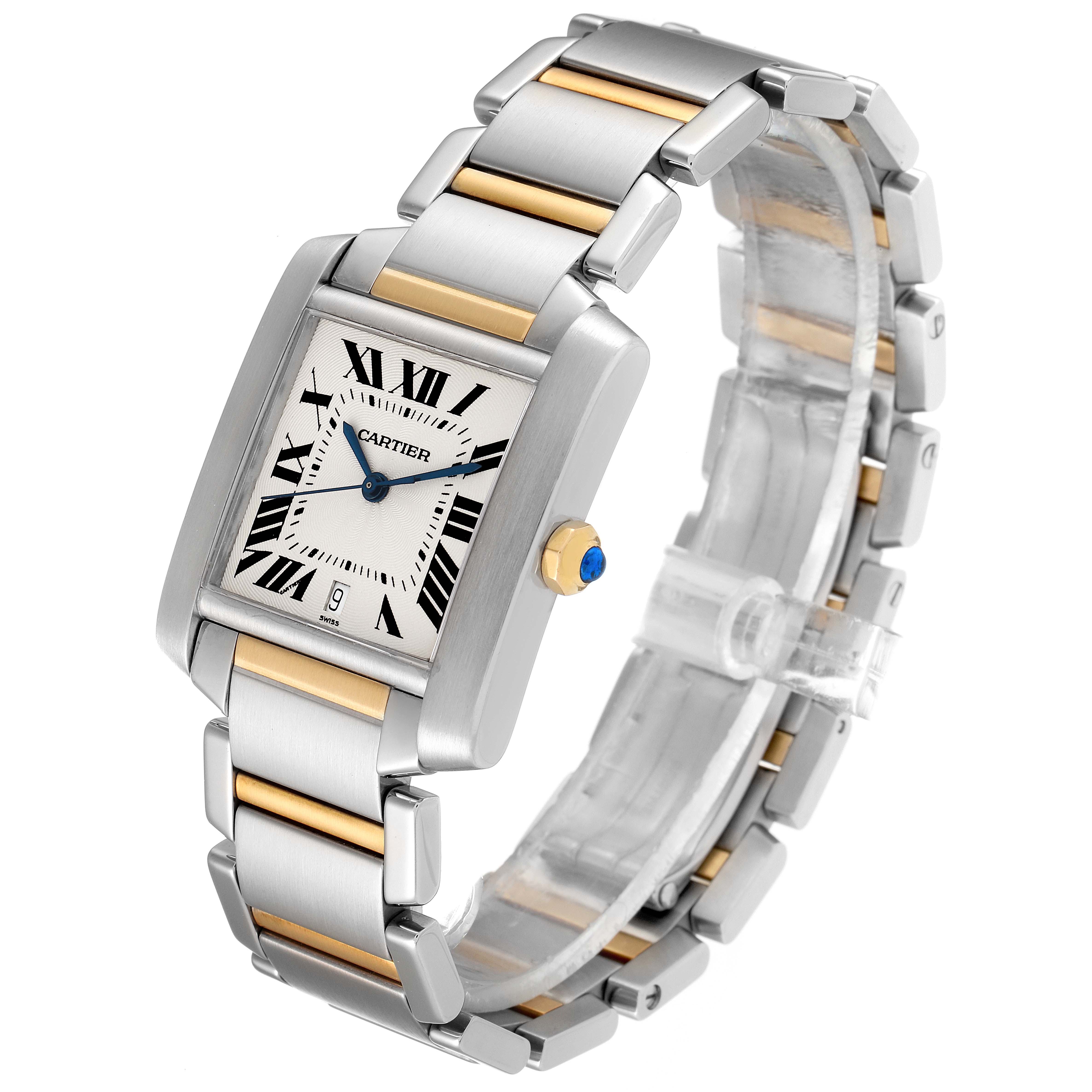 The Cartier Tank Francaise W51005Q4 Men's Steel and Gold (two tone) Silver Dial W51005Q4 Men's Steel and Gold (two tone) Silver Dial watch is shown at a three-quarter angle, highlighting its face, bezel, crown, and metal bracelet.