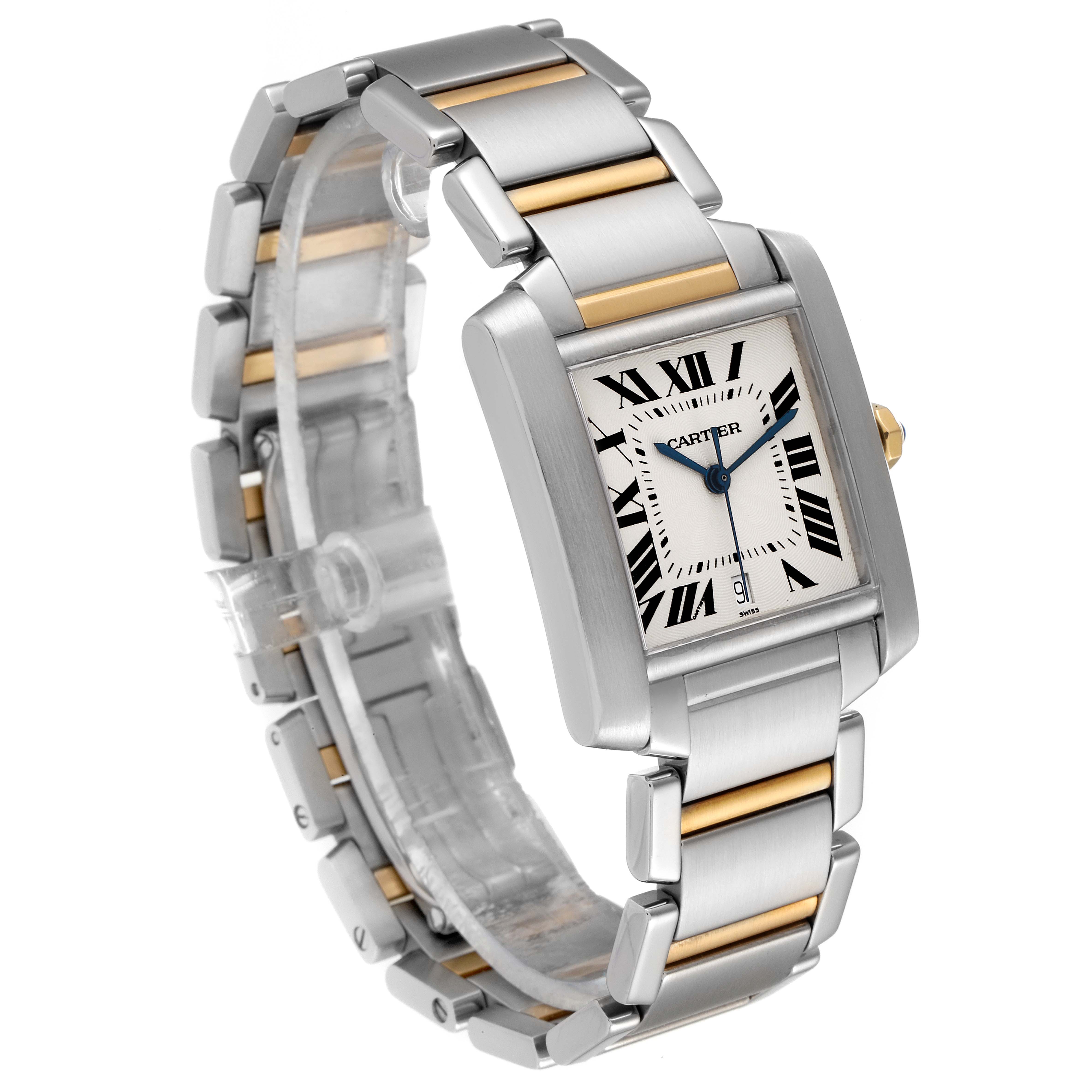 This image shows a Cartier Tank Française watch in a slightly tilted angle, displaying the face, case, and bracelet.