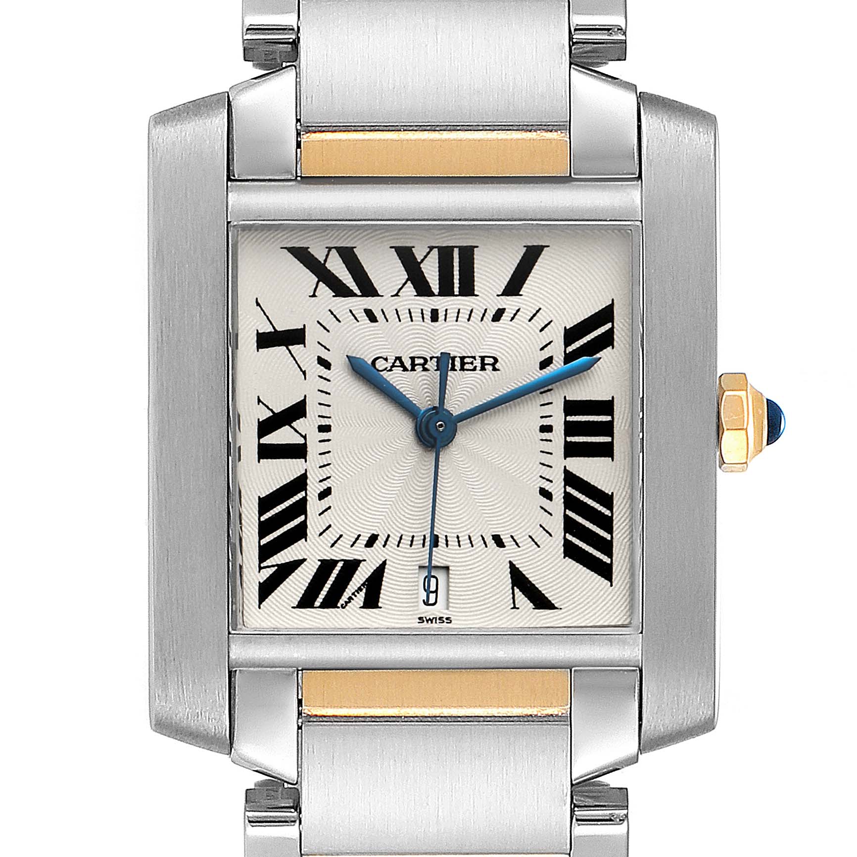 The image shows a front view of the Cartier Tank Française watch, highlighting its square face, Roman numerals, and metal bracelet.