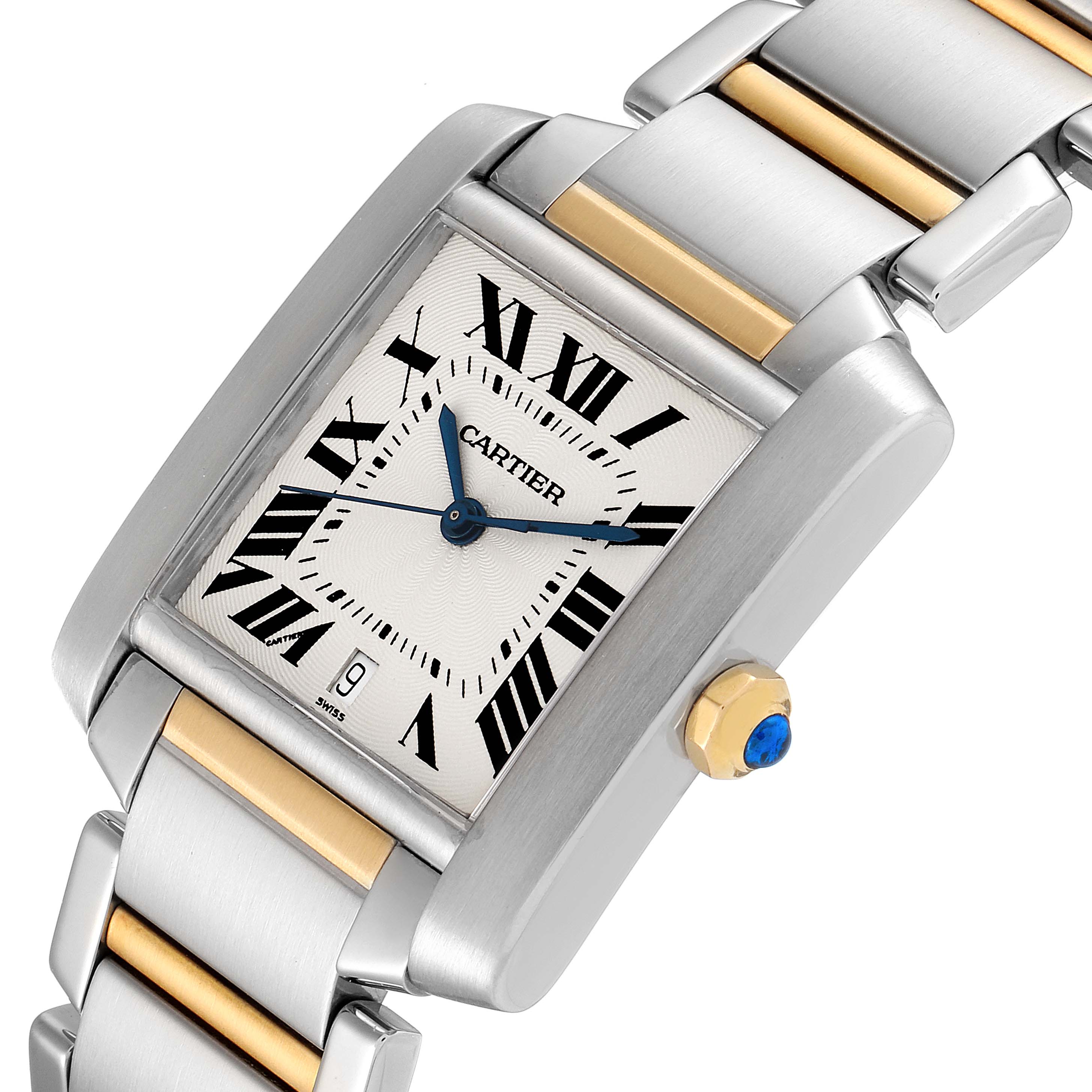The image shows a Cartier Tank Francaise W51005Q4 Men's Steel and Gold (two tone) Silver Dial W51005Q4 Men's Steel and Gold (two tone) Silver Dial watch at an angle showcasing its face, crown, and part of the bracelet.