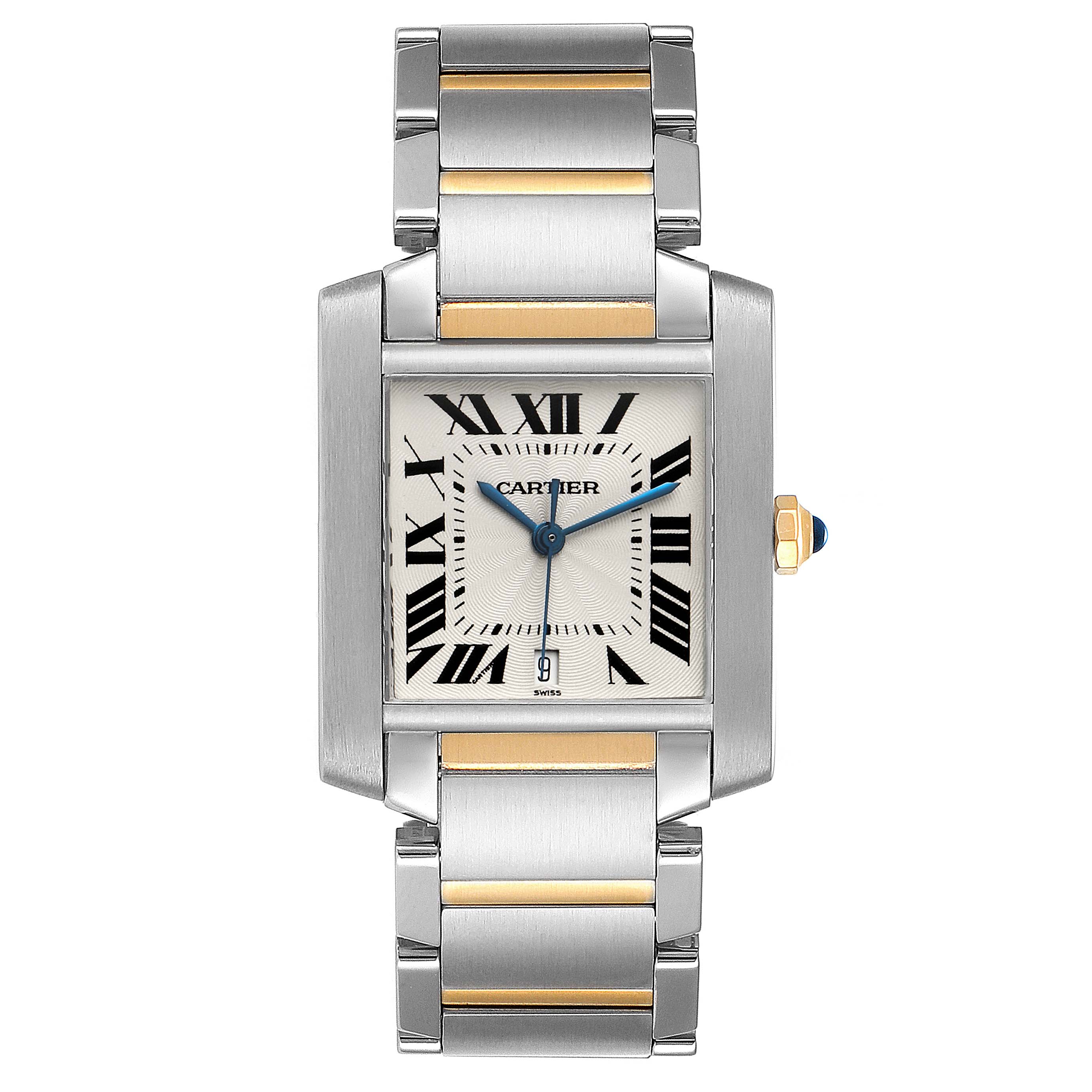The image shows a frontal view of a Cartier Tank Francaise W51005Q4 Men's Steel and Gold (two tone) Silver Dial W51005Q4 Men's Steel and Gold (two tone) Silver Dial watch, displaying the face, dial, case, and bracelet.