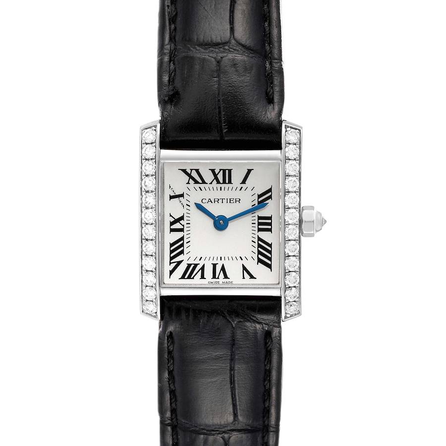 The Cartier Tank Française watch is shown from a top view, highlighting the face, leather strap, and diamond-set bezel.