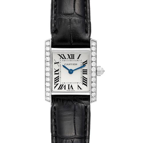 The Cartier Tank Française watch is shown from the front, displaying its dial, hands, and diamond-encrusted bezel.