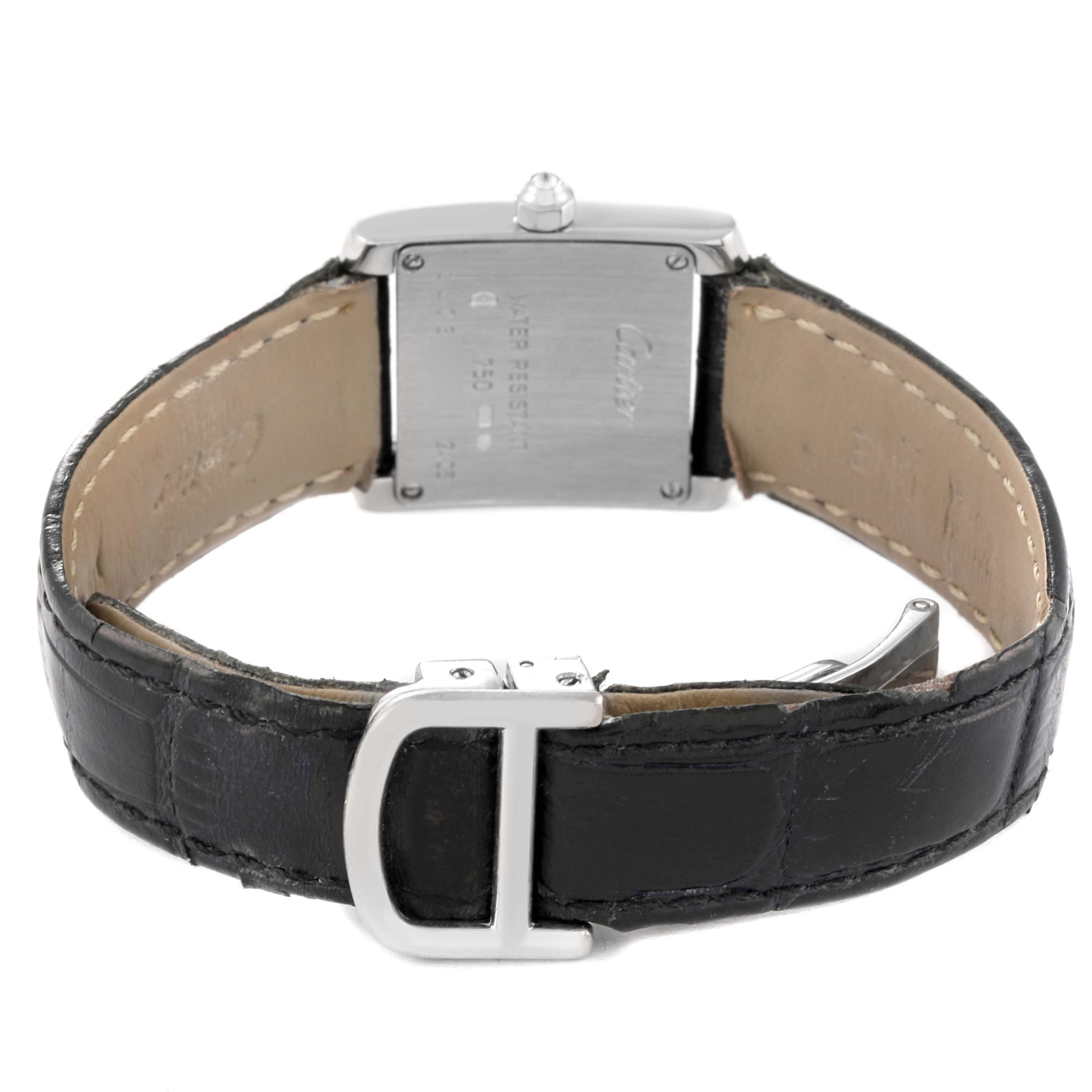 The image shows the back view of the Cartier Tank Francaise WE100251 Women
s White Gold Silver Dial WE100251 Women
s White Gold Silver Dial watch, displaying its buckle and back case.