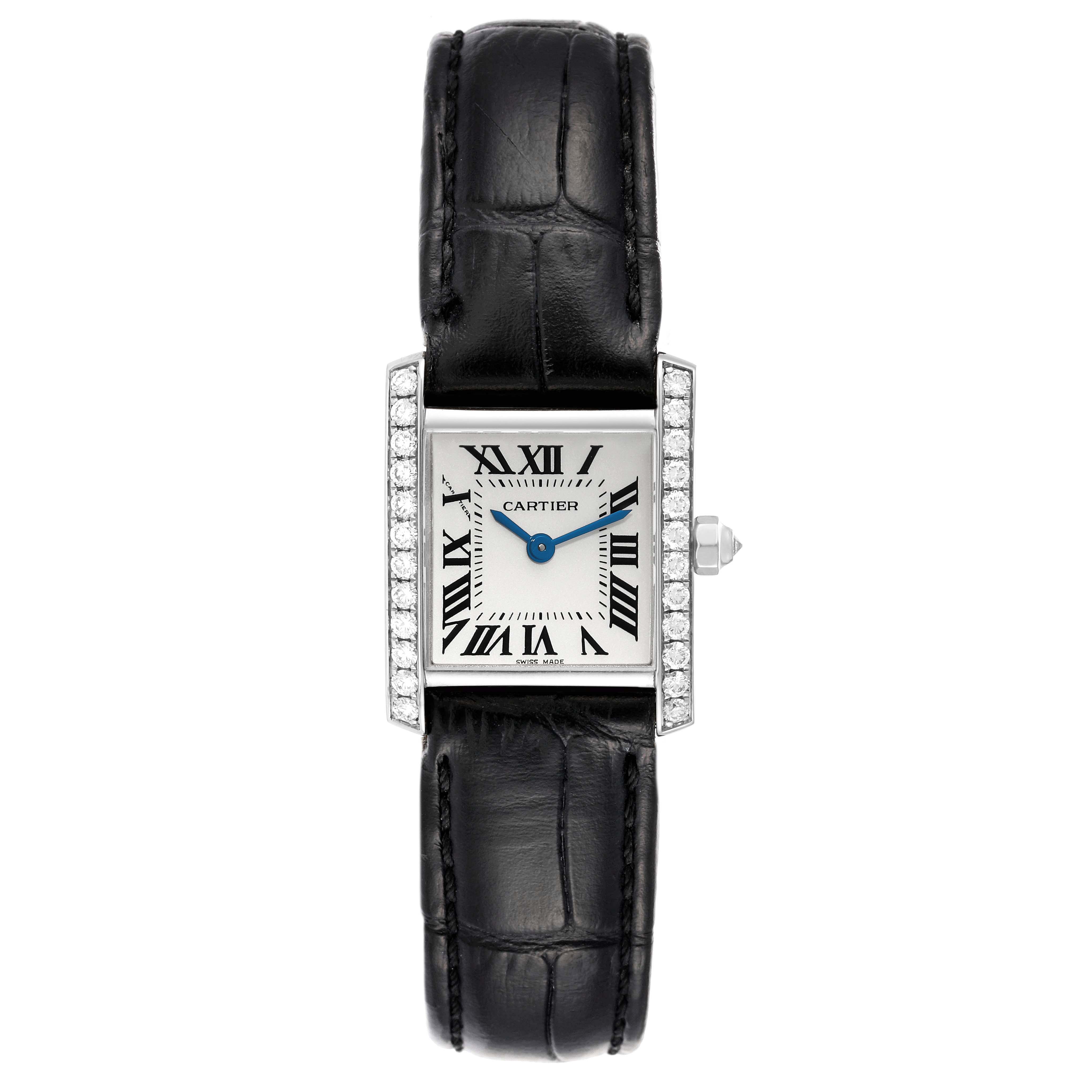 The Cartier Tank Française watch is shown from a top-down angle, displaying its face, bezel, and leather strap.