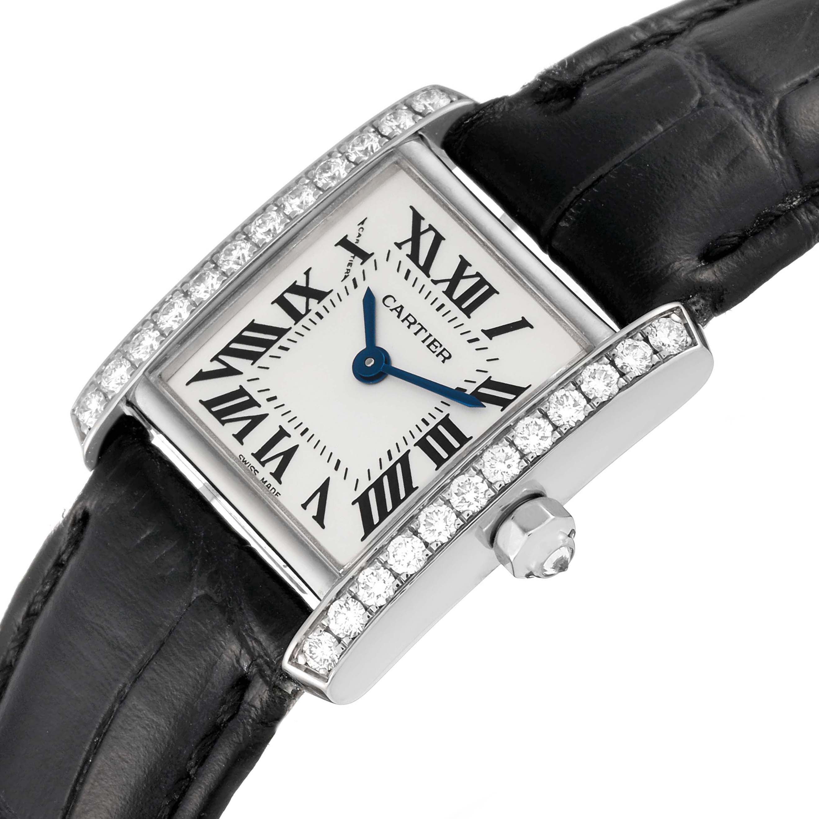 The Cartier Tank Francaise WE100251 Women
s White Gold Silver Dial WE100251 Women
s White Gold Silver Dial watch is shown at an angled view, highlighting the diamond-set bezel, face, and leather strap.