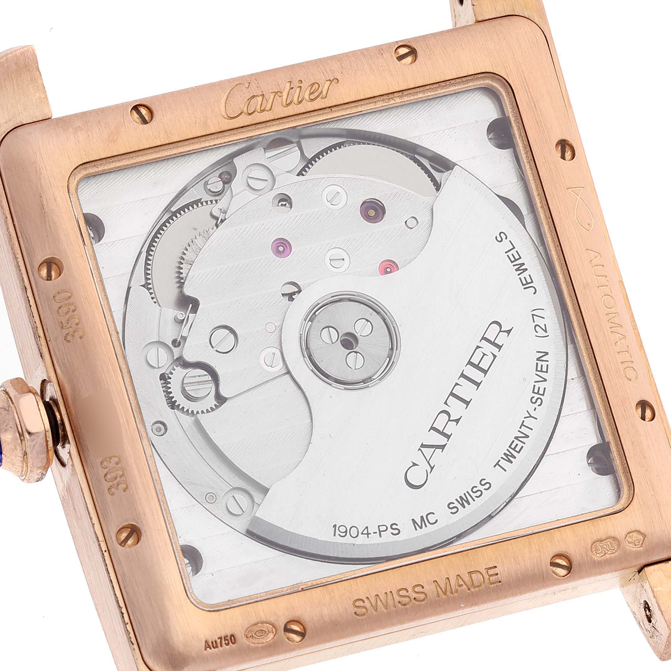 The image shows the back of a Cartier Tank MC W5330002 Men's Rose Gold Brown Dial W5330002 Men's Rose Gold Brown Dial watch, displaying its automatic movement and internal mechanisms.