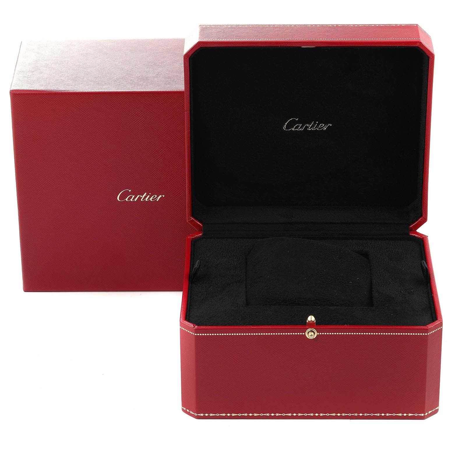 The image shows a red Cartier watch box for the Tank MC model, with the box open revealing its black interior.