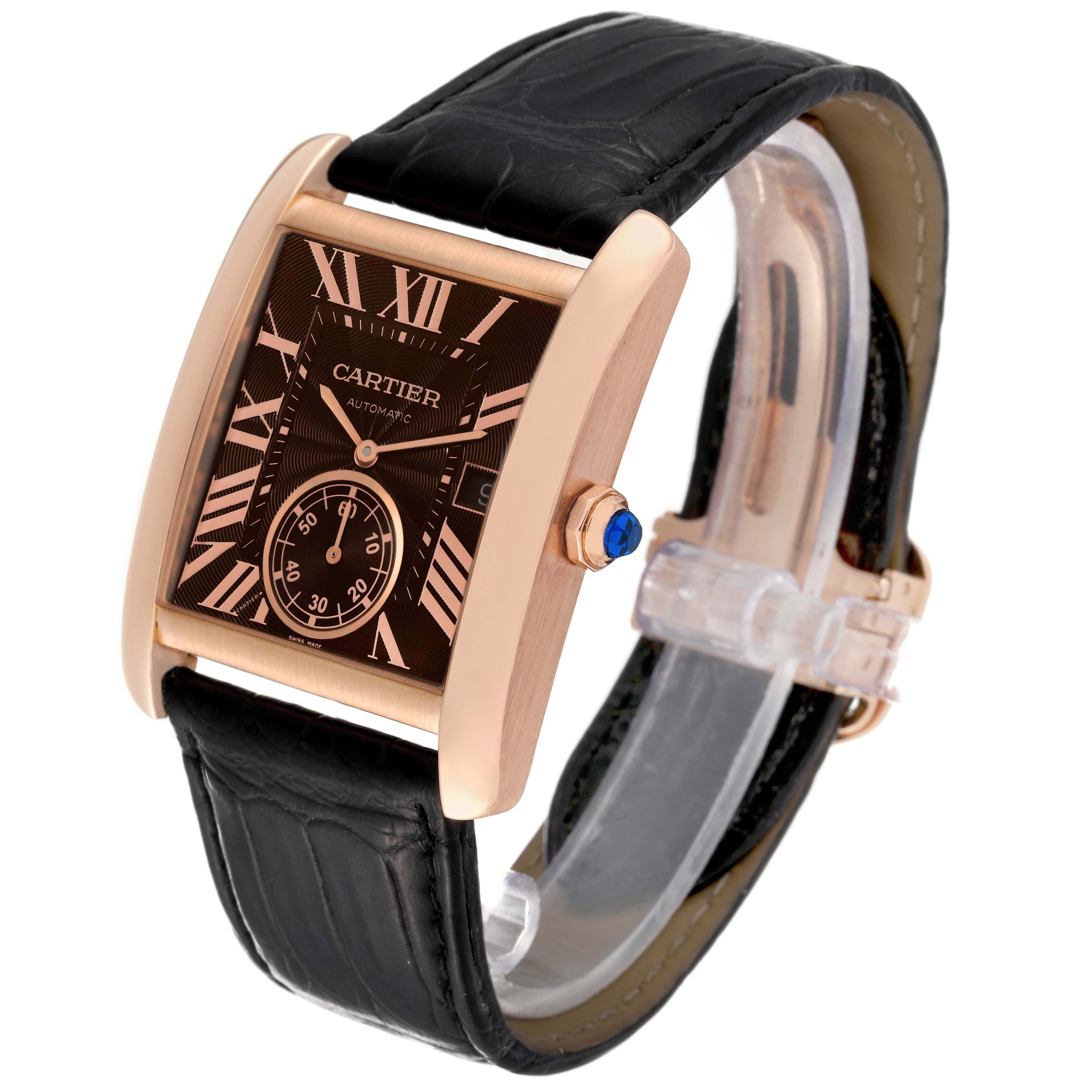 The Cartier Tank MC W5330002 Men's Rose Gold Brown Dial W5330002 Men's Rose Gold Brown Dial watch is shown at a three-quarter angle, highlighting its face, case, crown, and leather strap.