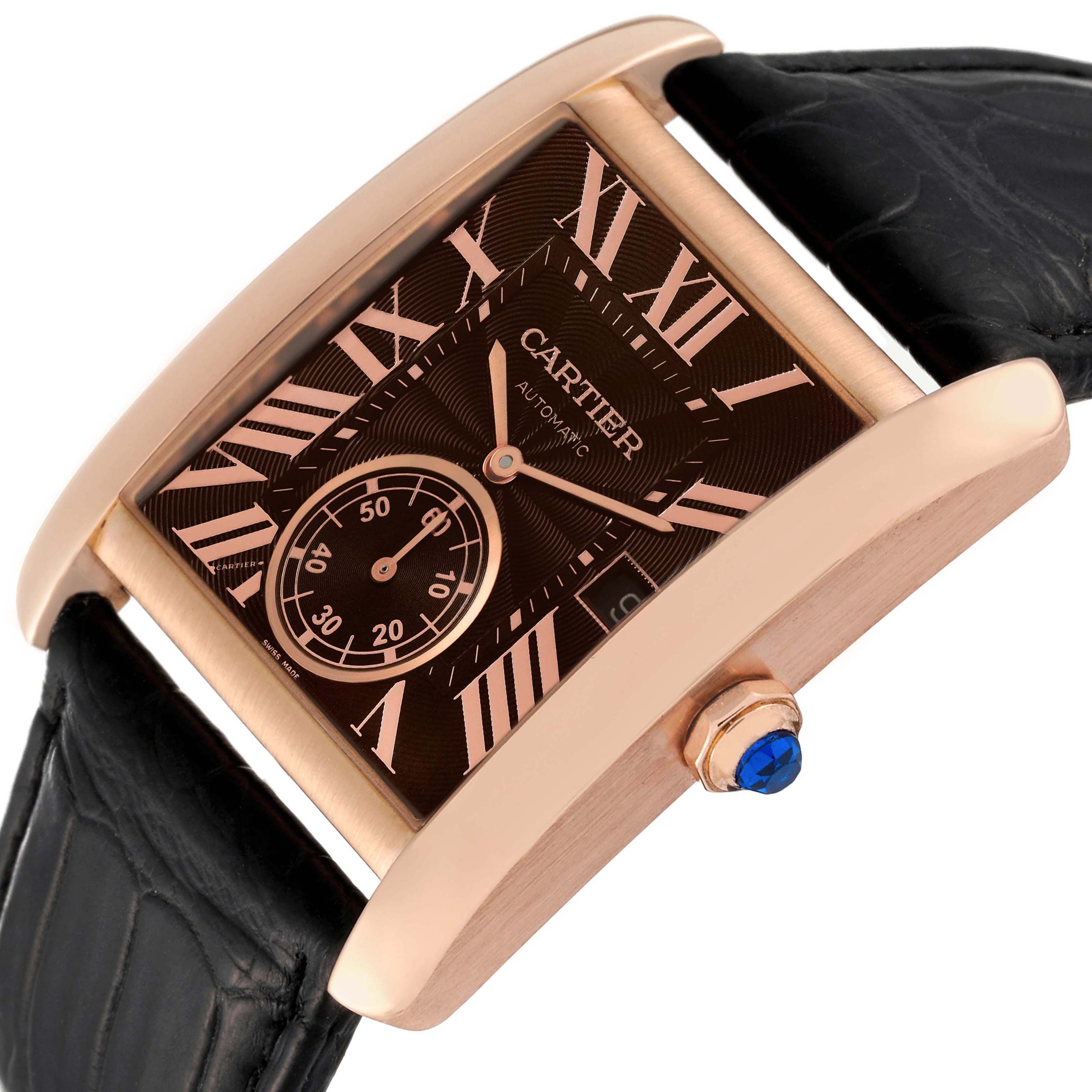 The Cartier Tank MC W5330002 Men's Rose Gold Brown Dial W5330002 Men's Rose Gold Brown Dial watch is shown at an angle highlighting the case, dial, crown, and part of the strap.