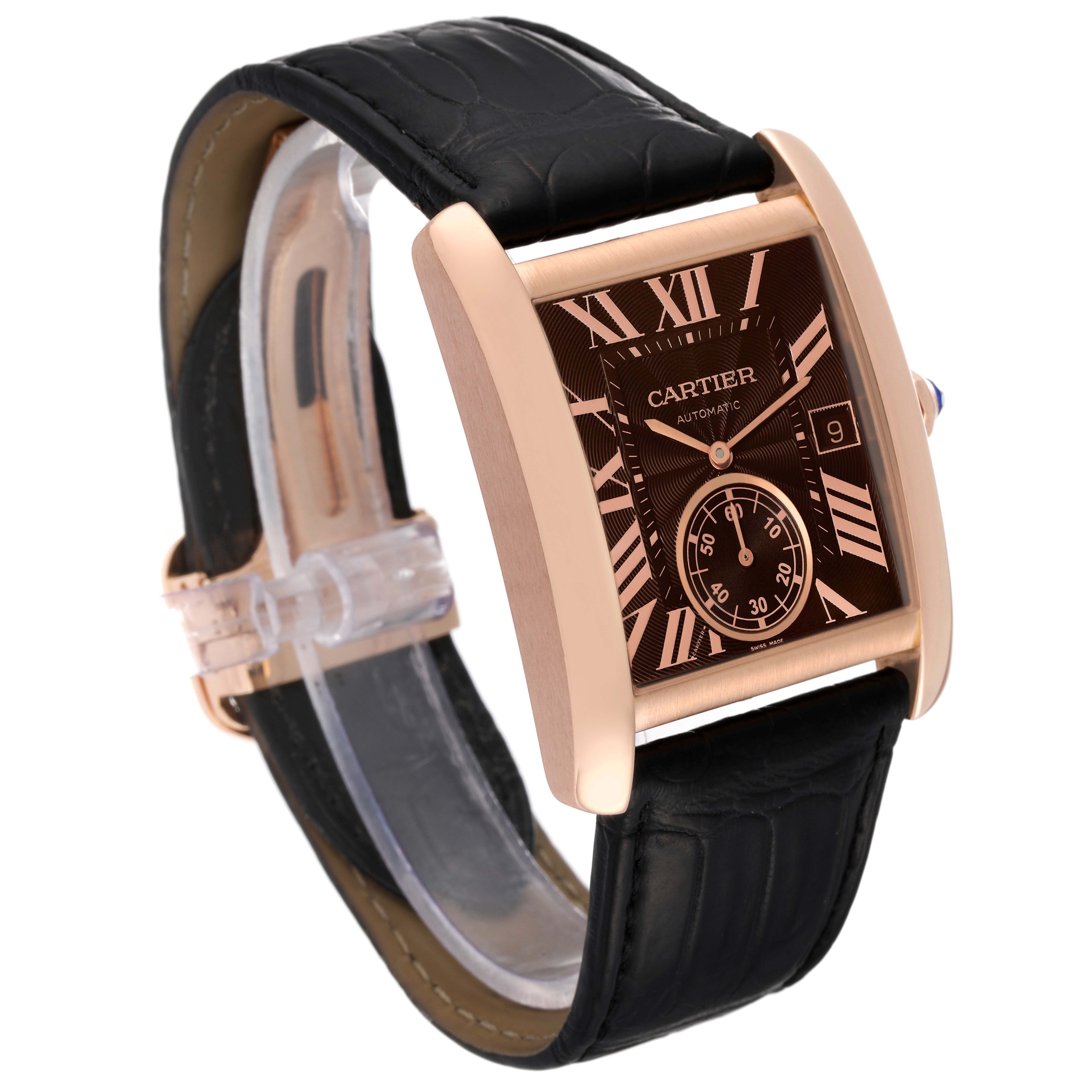 The Cartier Tank MC W5330002 Men's Rose Gold Brown Dial W5330002 Men's Rose Gold Brown Dial watch is shown at a front angle, displaying its face and black leather strap.