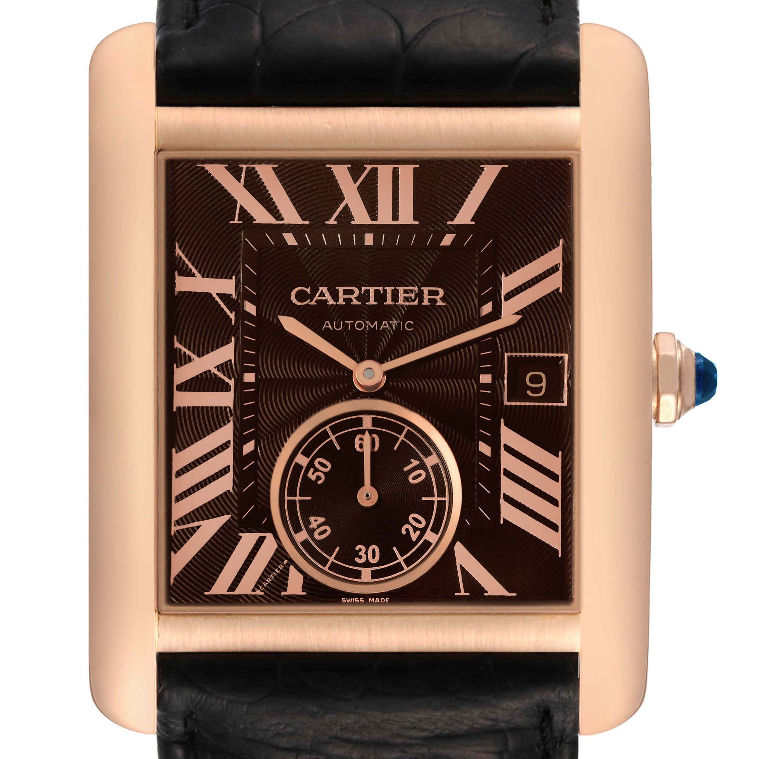 The Cartier Tank MC W5330002 Men's Rose Gold Brown Dial W5330002 Men's Rose Gold Brown Dial watch is shown from the front, highlighting the dial and crown.