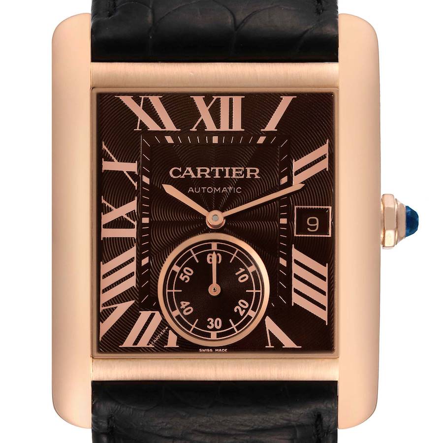 The Cartier Tank MC watch is shown from the front, highlighting the dial and crown.