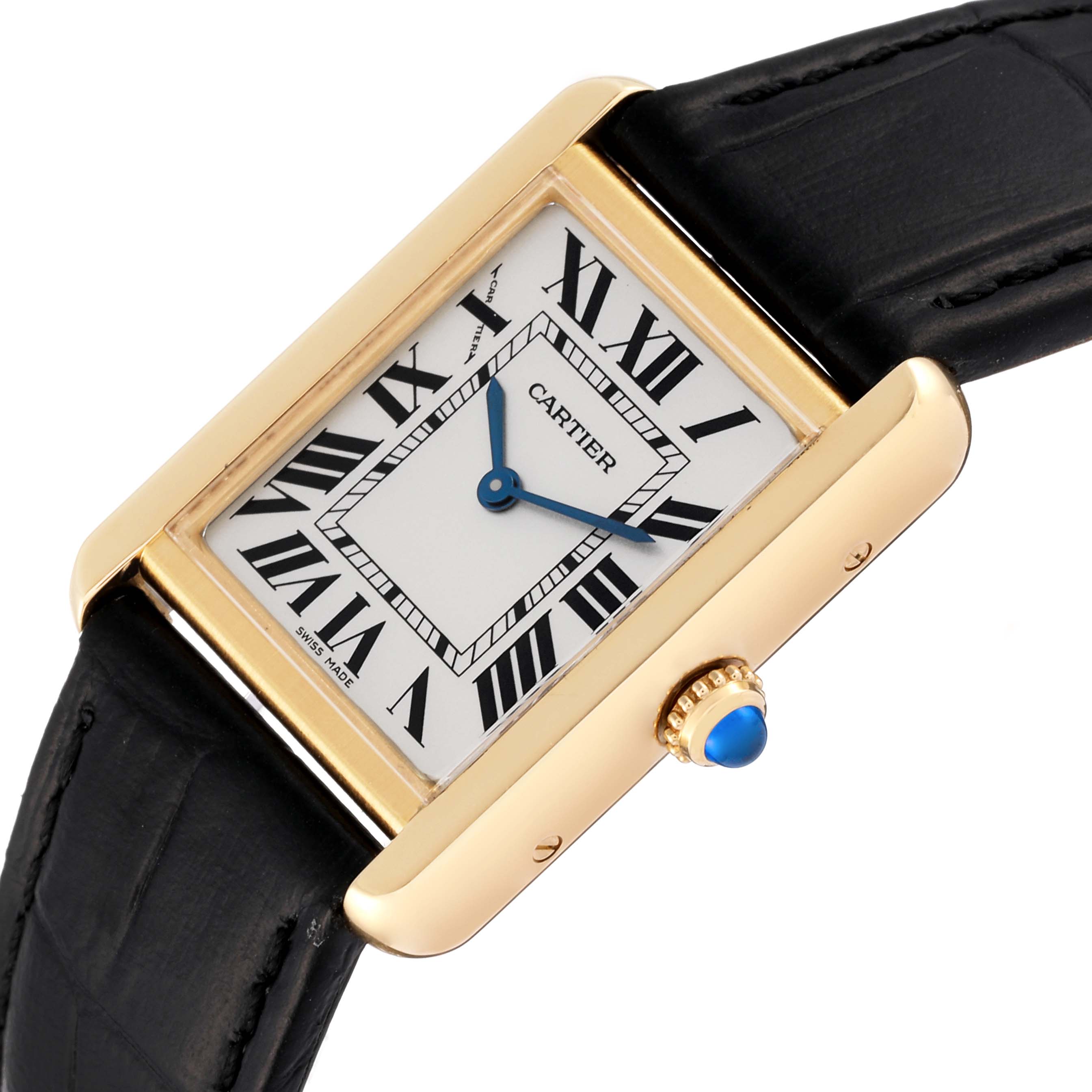 The image shows a close-up of the Cartier Tank Solo W1018755 Women's Yellow Gold Silver Dial W1018755 Women's Yellow Gold Silver Dial watch face and crown at a slight angle.