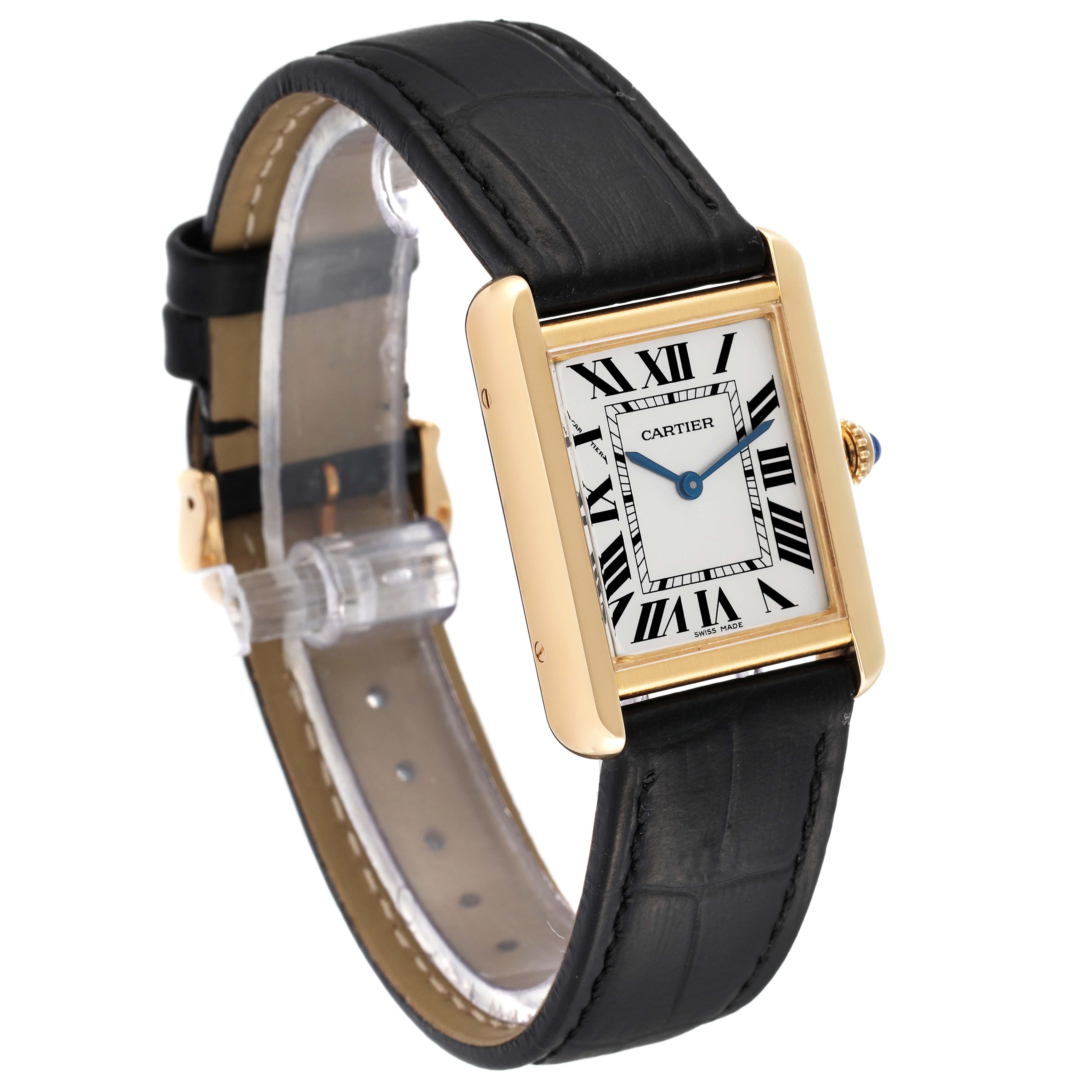 The Cartier Tank Solo W1018755 Women's Yellow Gold Silver Dial W1018755 Women's Yellow Gold Silver Dial watch is shown at a three-quarter angle, displaying its rectangular face, black strap, and gold case.