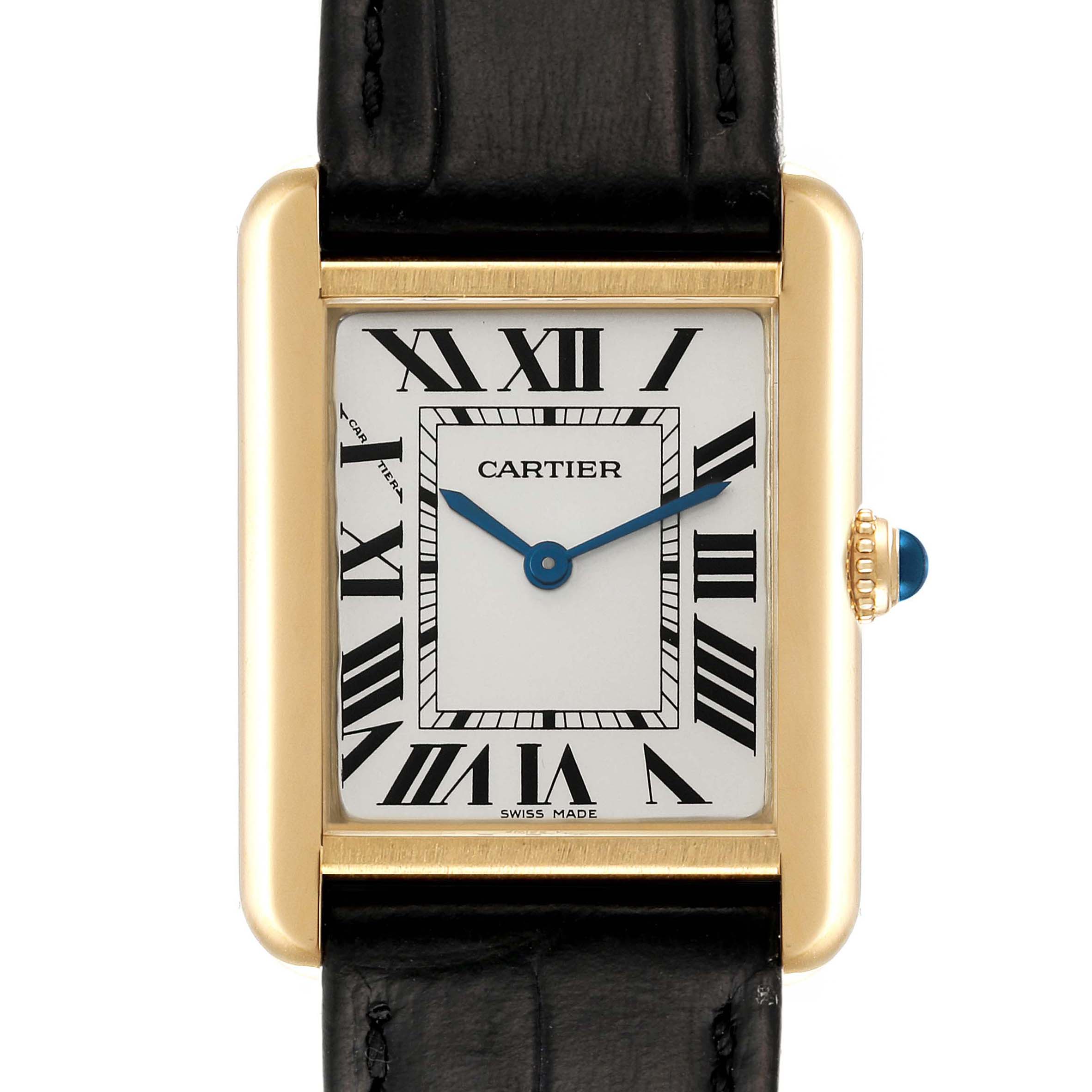 The image shows a frontal view of the Cartier Tank Solo W1018755 Women's Yellow Gold Silver Dial W1018755 Women's Yellow Gold Silver Dial watch, highlighting the face, Roman numerals, blue hands, and black leather strap.