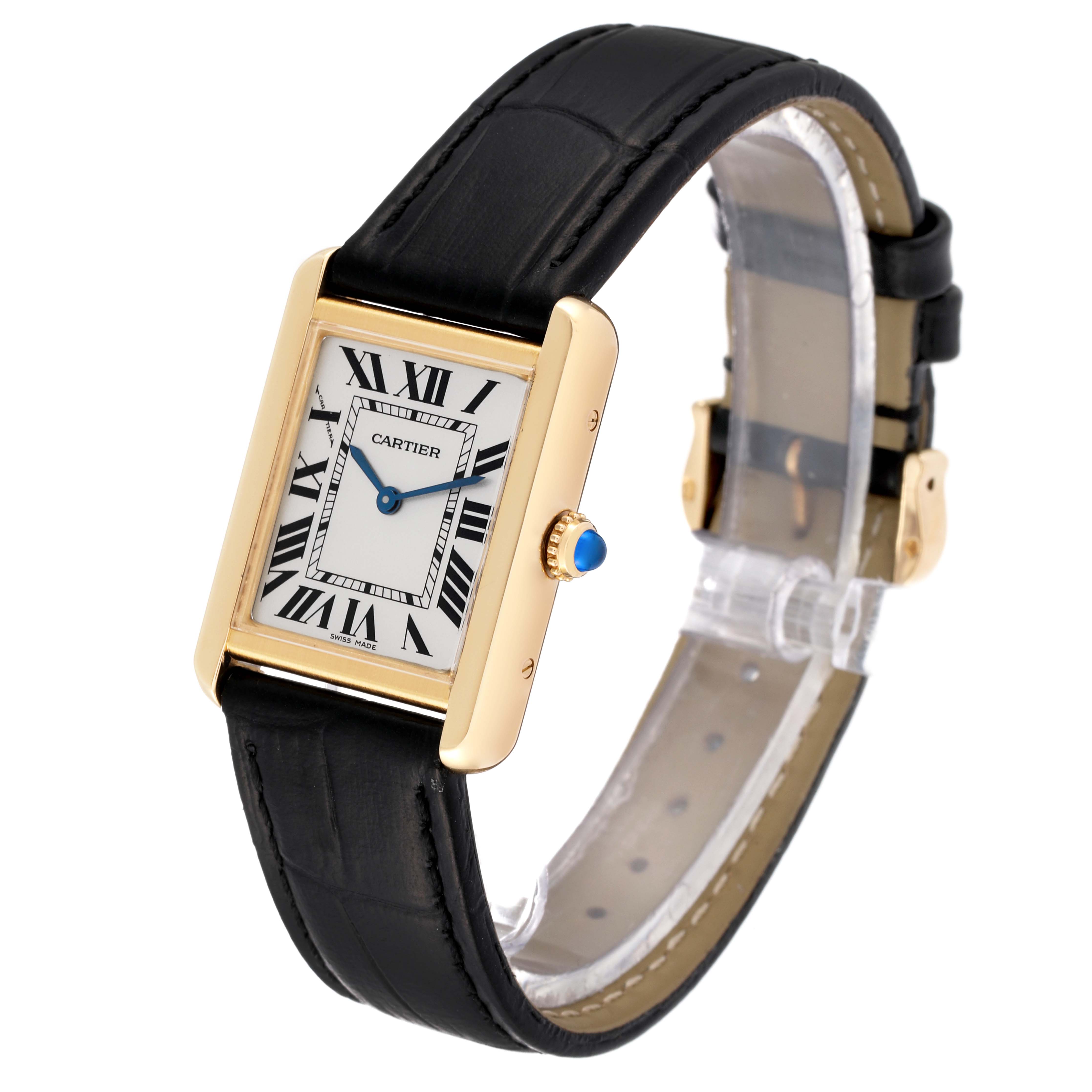 The image shows a Cartier Tank Solo W1018755 Women's Yellow Gold Silver Dial W1018755 Women's Yellow Gold Silver Dial watch from an angled side view, highlighting the face, crown, and black leather strap.