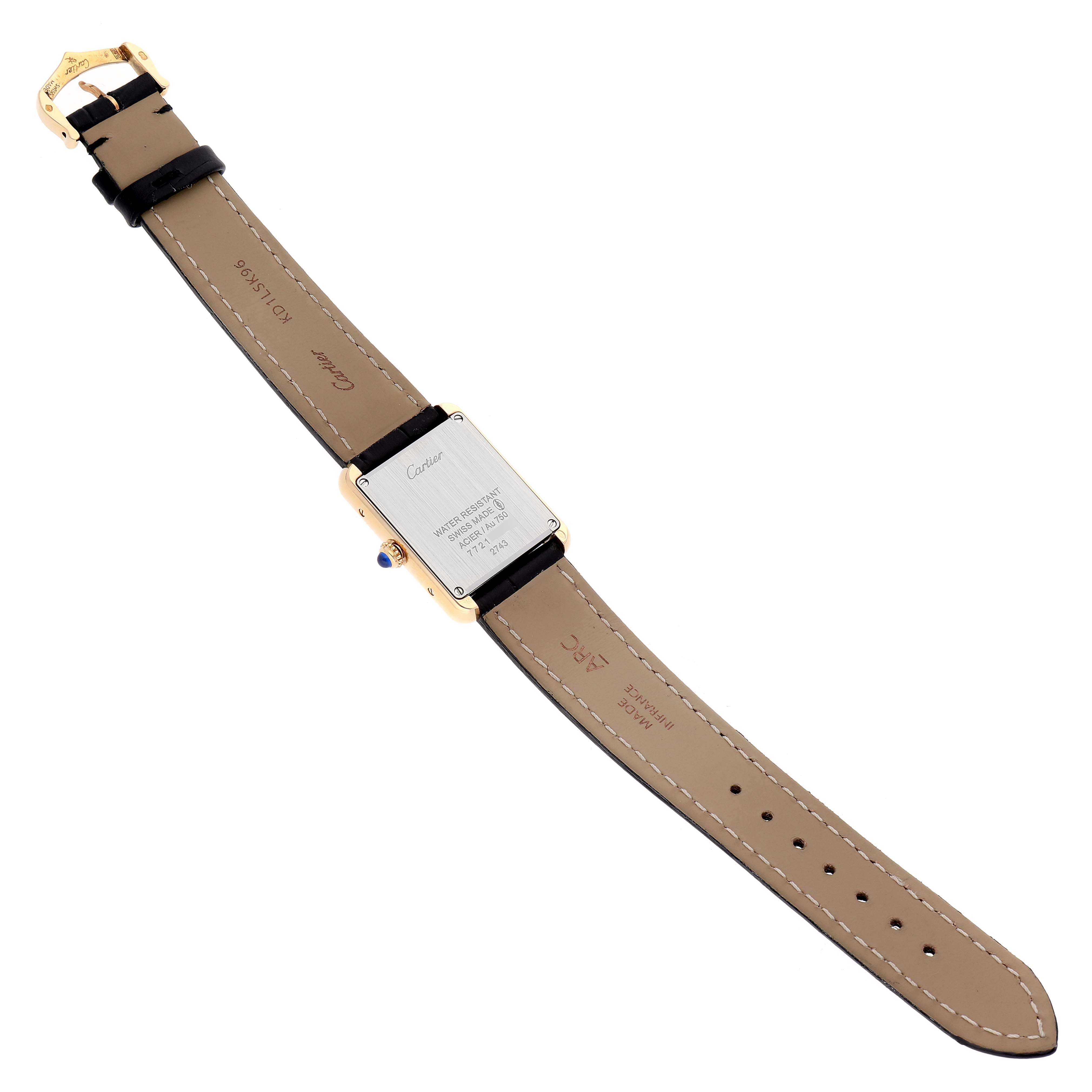 The image shows the back view of a Cartier Tank Solo W1018755 Women's Yellow Gold Silver Dial W1018755 Women's Yellow Gold Silver Dial watch, displaying the case back, leather strap, and buckle.