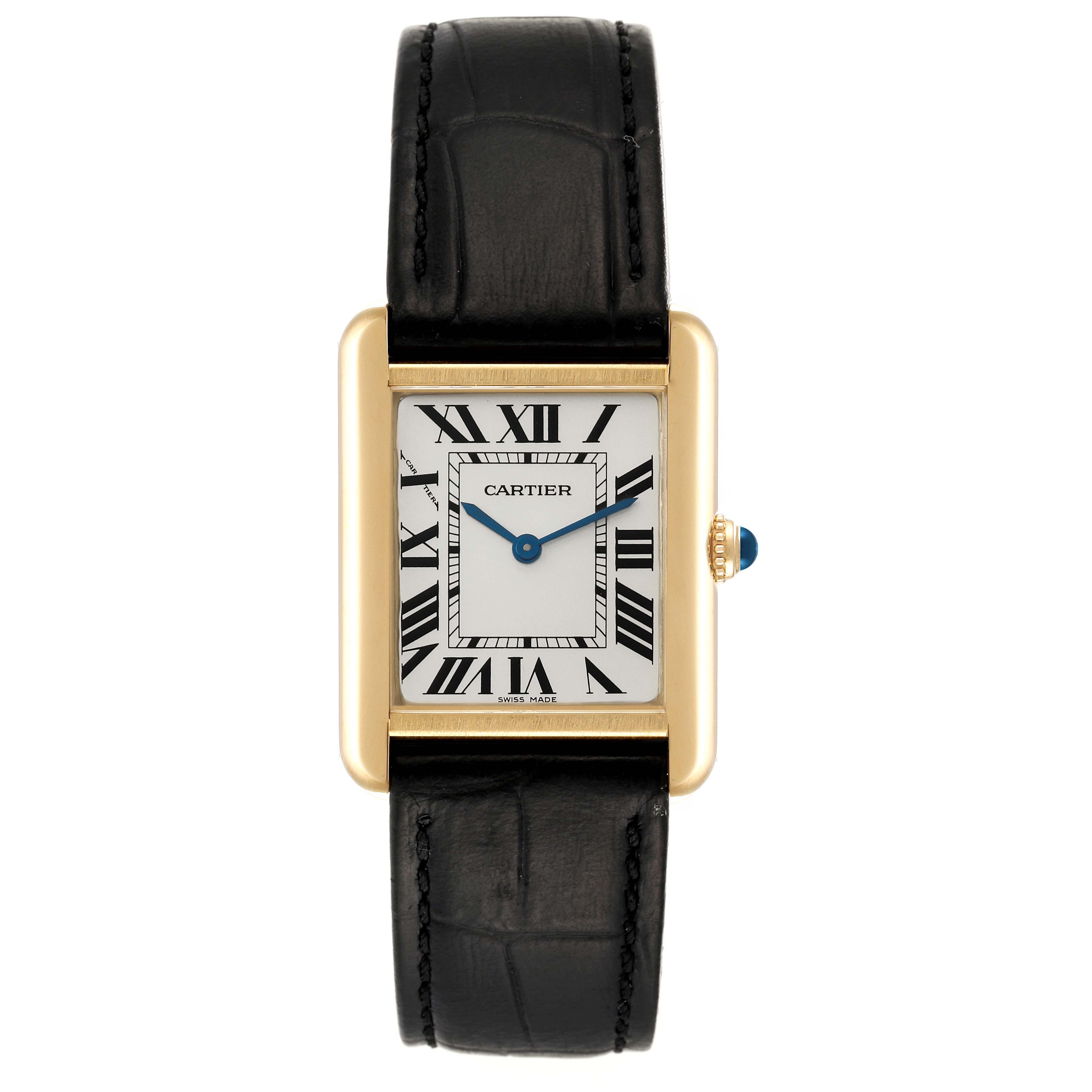The Cartier Tank Solo W1018755 Women's Yellow Gold Silver Dial W1018755 Women's Yellow Gold Silver Dial watch is shown from a top-down angle, displaying its face, bezel, and leather strap.