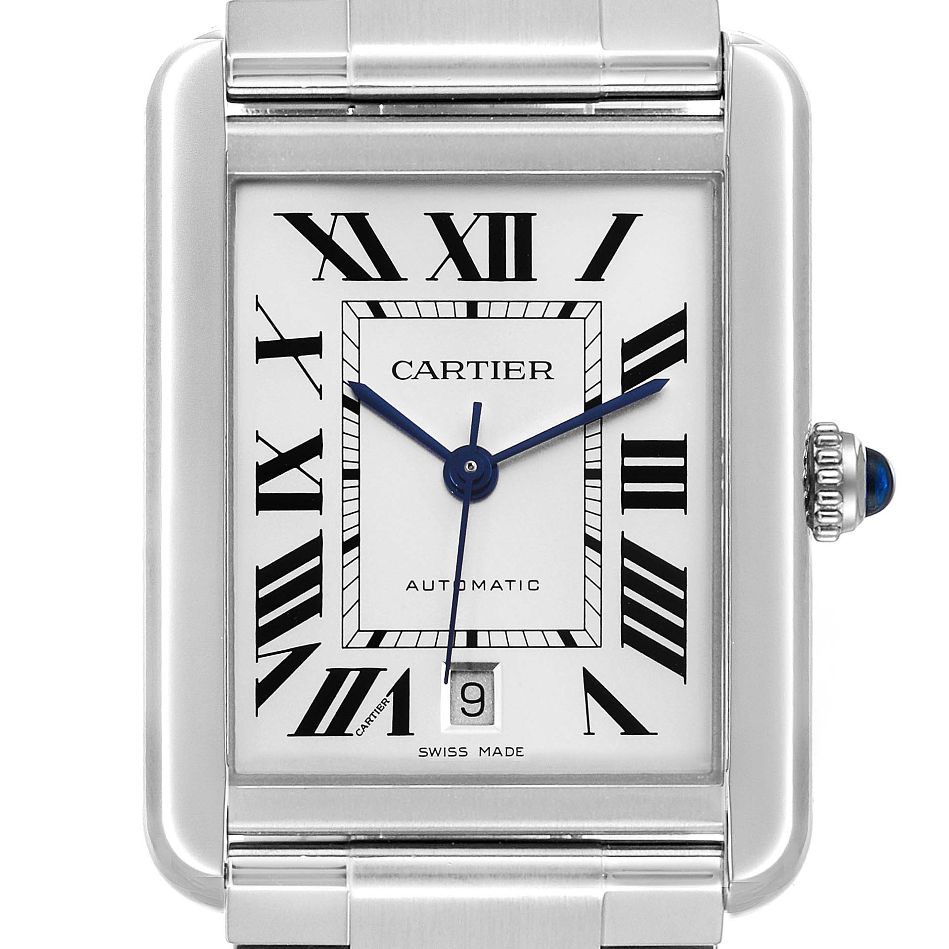 The image shows a close-up frontal view of the Cartier Tank Solo W5200028 Men's Stainless Steel Silver Dial W5200028 Men's Stainless Steel Silver Dial watch, highlighting its face and rectangular case.