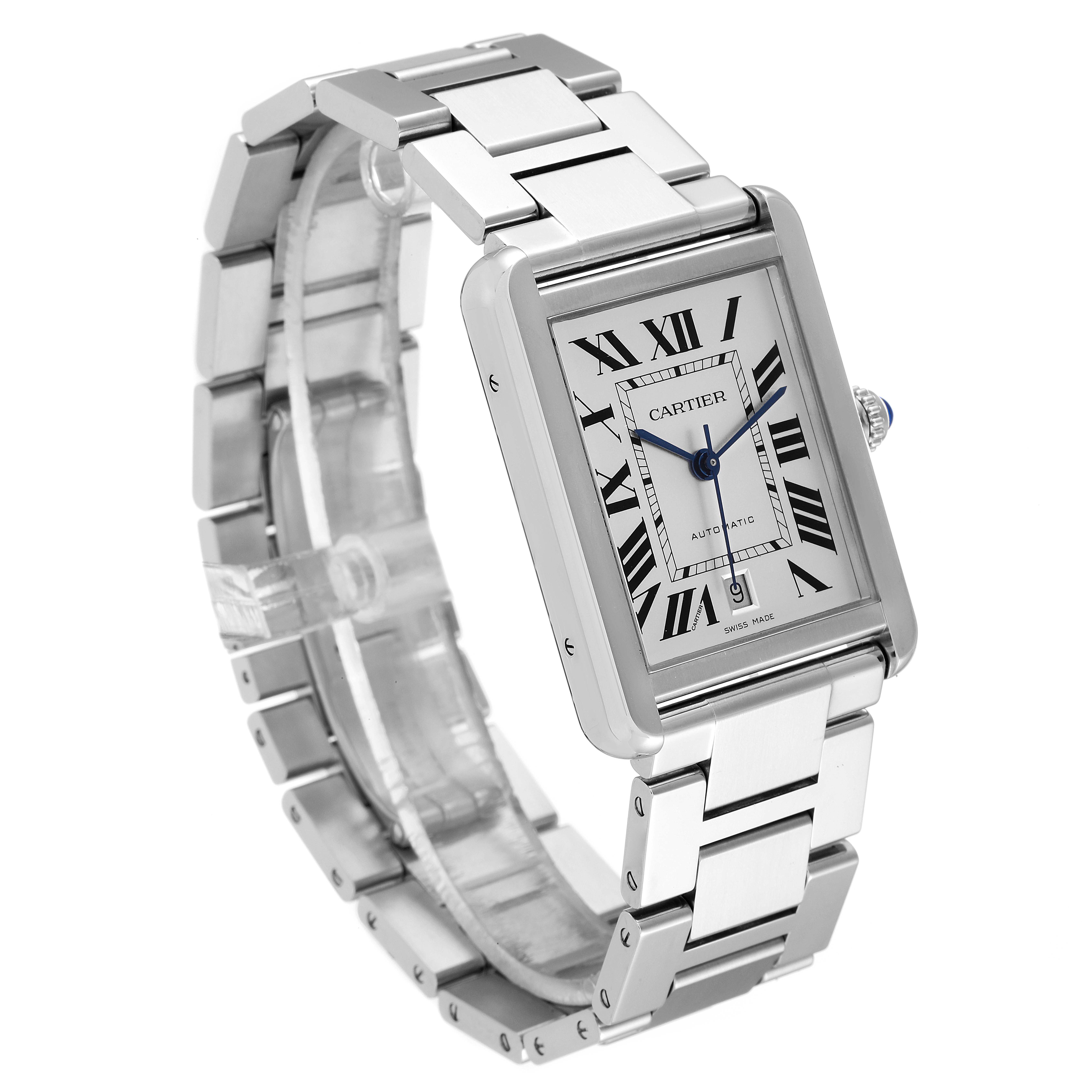 The Tank Solo model by Cartier is shown from a front angle, displaying the face, bezel, and part of the metal bracelet.