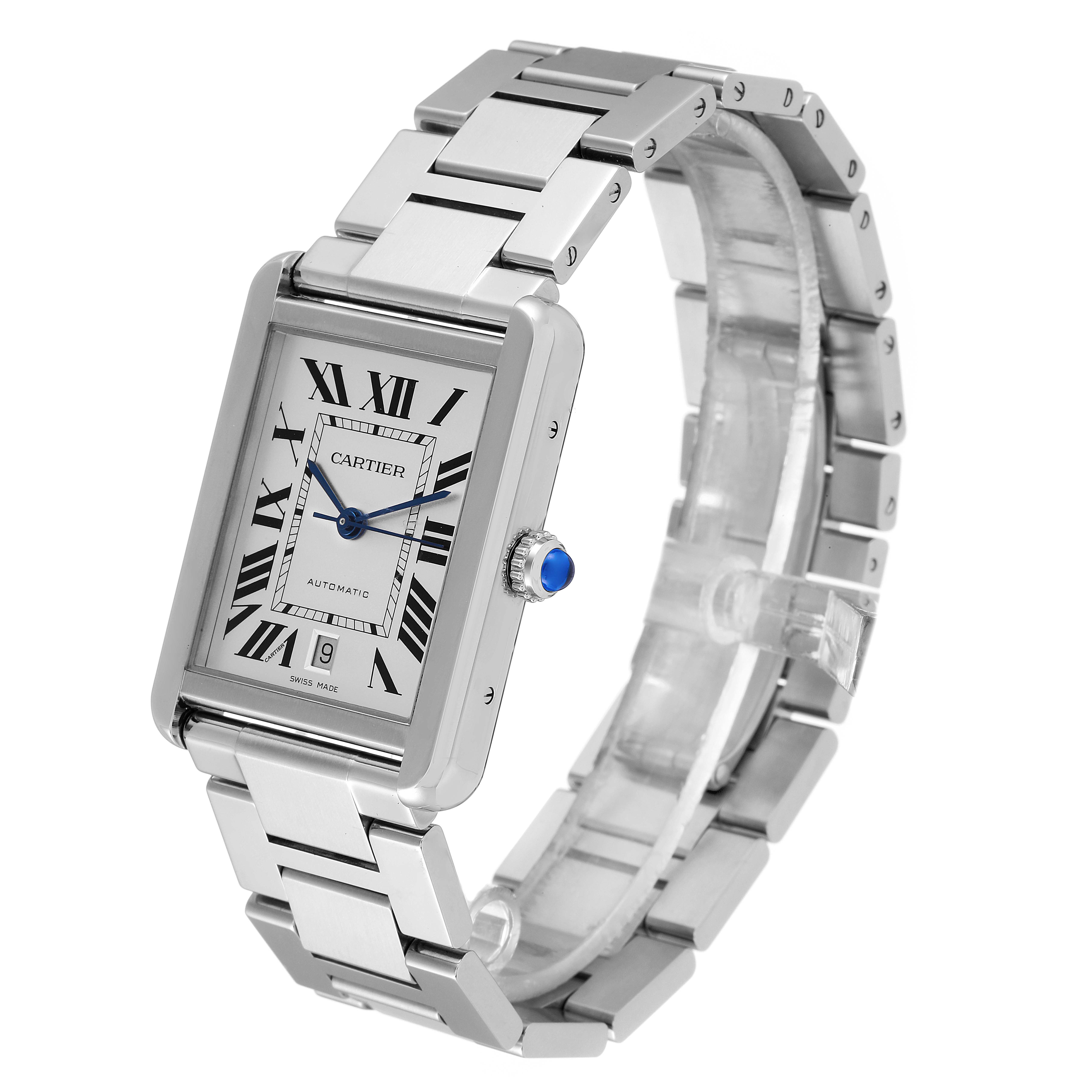 The Cartier Tank Solo W5200028 Men's Stainless Steel Silver Dial W5200028 Men's Stainless Steel Silver Dial watch is shown at an angle highlighting the rectangular face, bracelet, crown, and blue cabochon.