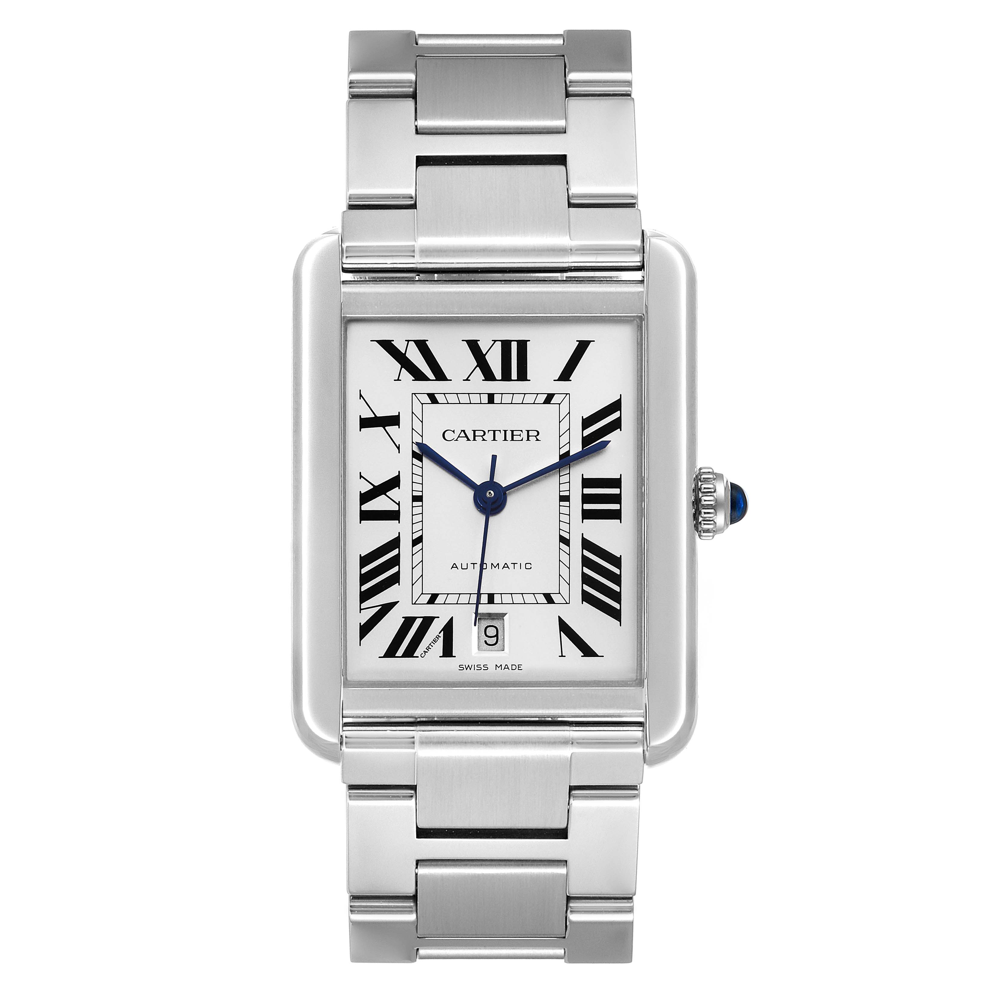 The image shows a front view of the Cartier Tank Solo W5200028 Men's Stainless Steel Silver Dial W5200028 Men's Stainless Steel Silver Dial watch, displaying the face, bracelet, and crown.
