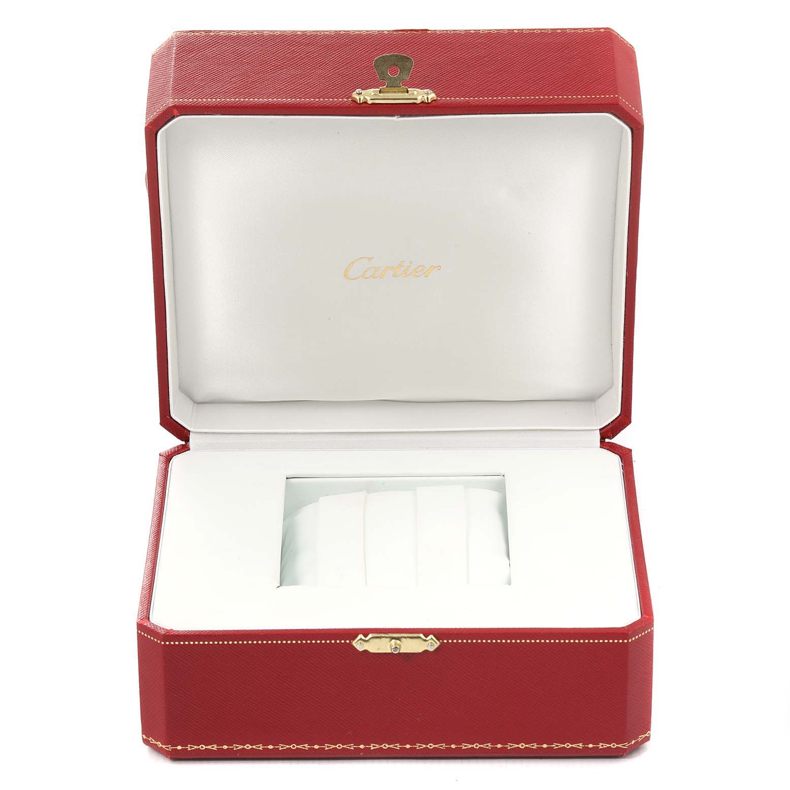 The image displays an open red Cartier box, presumably for a Tank Solo watch, without the watch inside.
