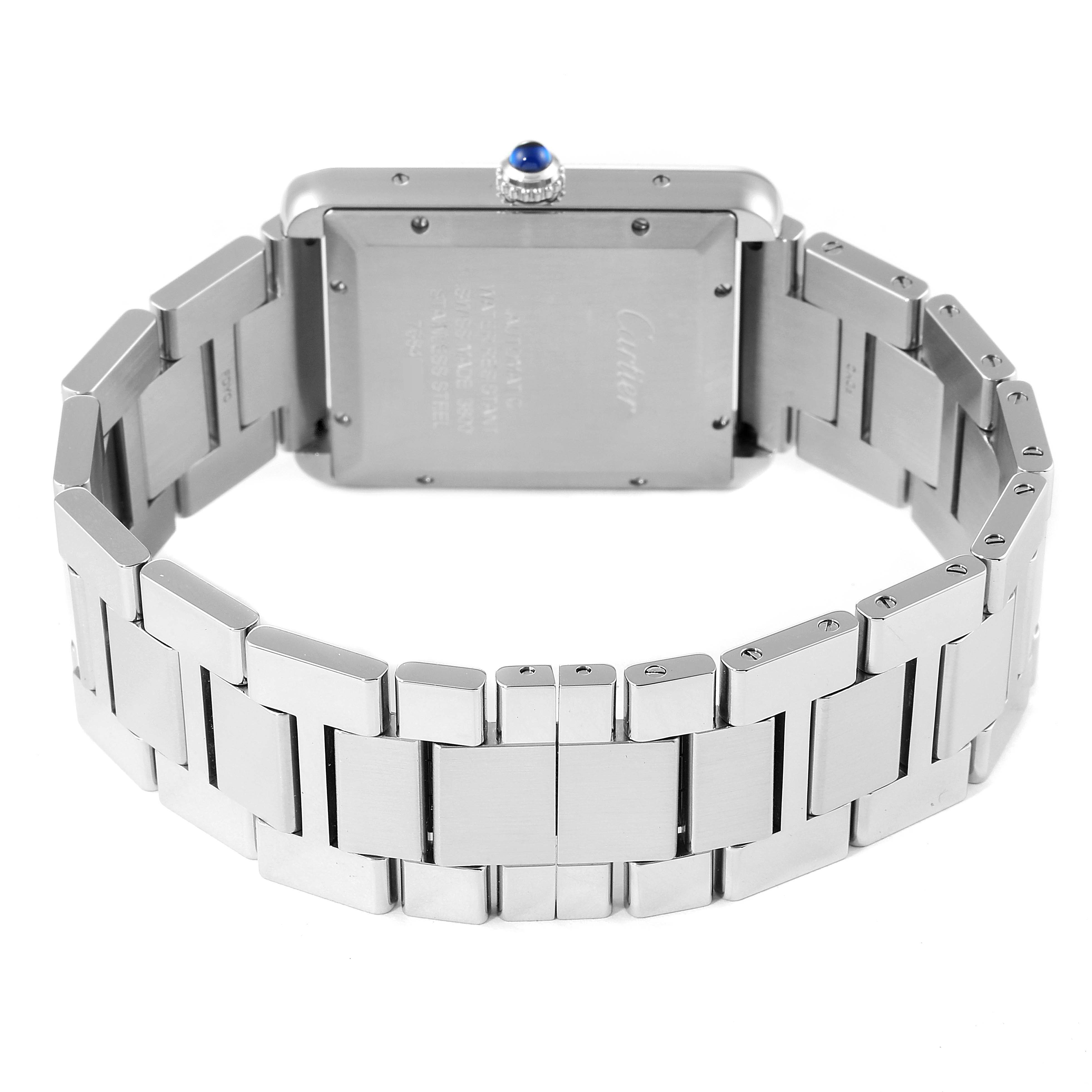 The image shows the back view of the Cartier Tank Solo W5200028 Men's Stainless Steel Silver Dial W5200028 Men's Stainless Steel Silver Dial watch, focusing on its stainless steel case and bracelet.